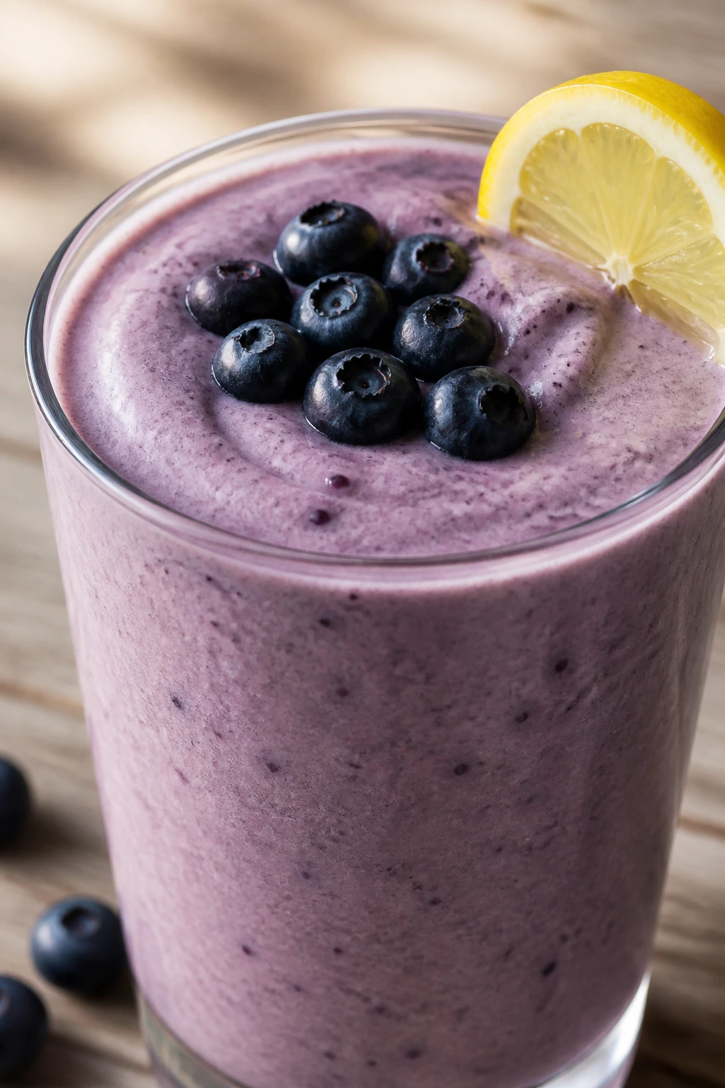 Close-up of Lemon Blueberry Cheesecake Smoothie in a glass on a wooden surface