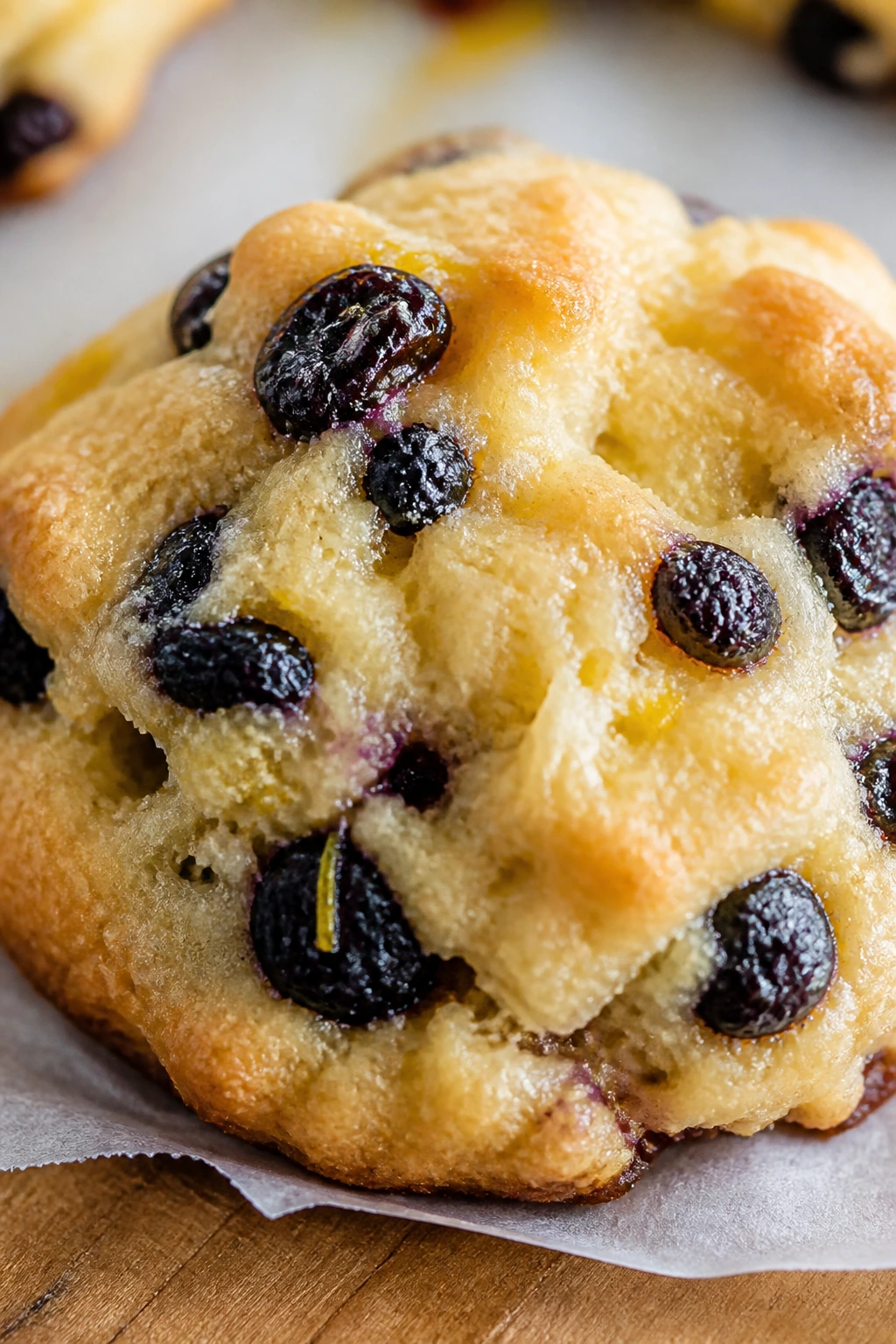 Close-up of a lemon blueberry drop cookie on parchment in a bright kitchen