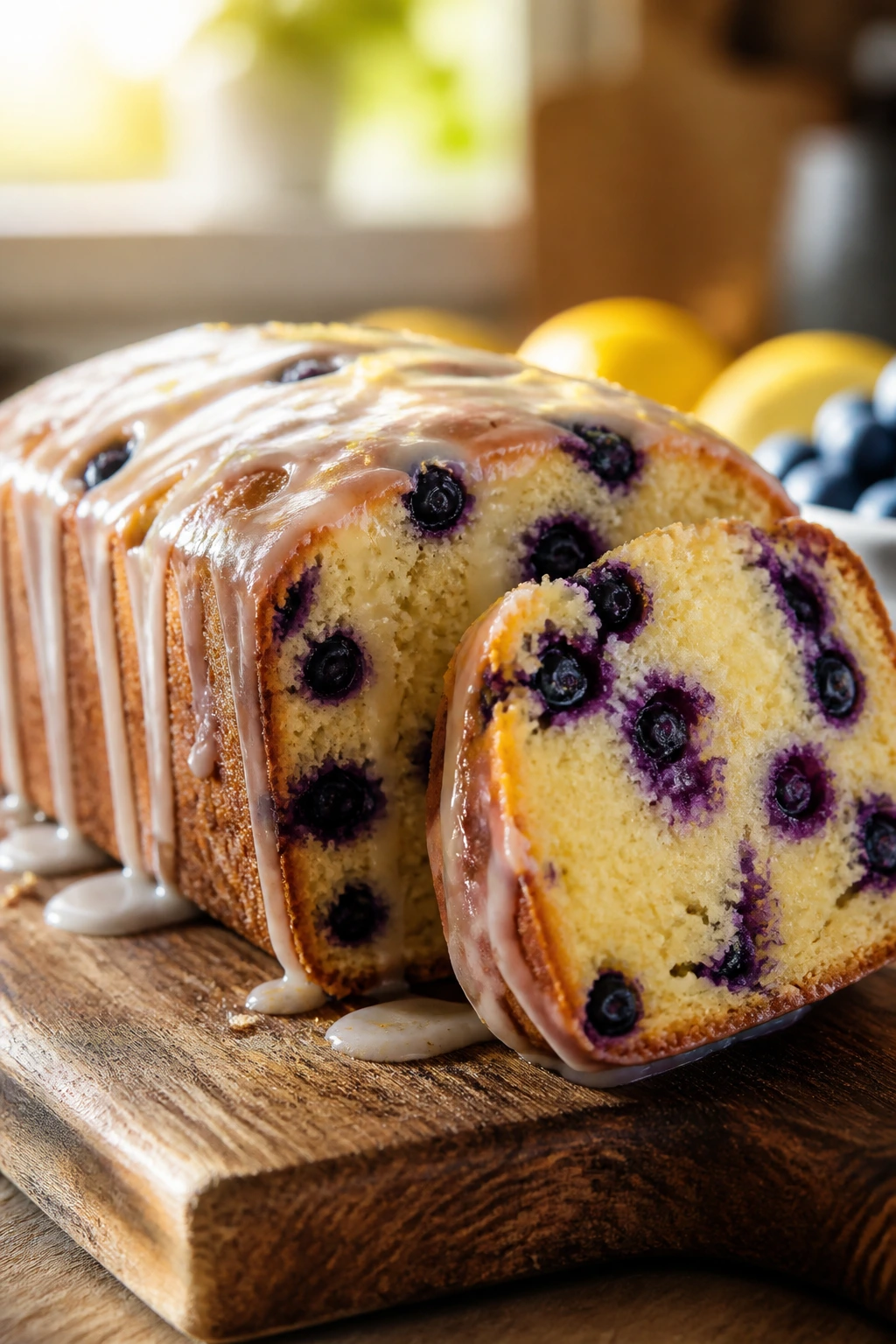 Close-up of lemon blueberry loaf with glaze showing blueberries in crumb and glossy glaze