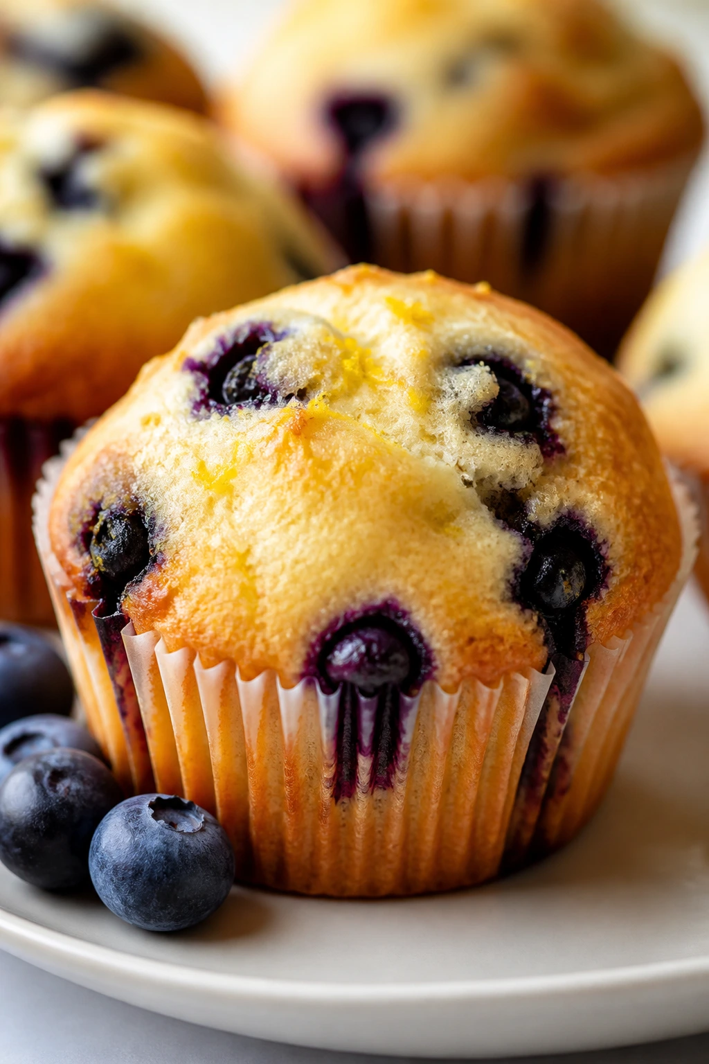 Close-up of a lemon blueberry muffin with lemon zest and blueberries