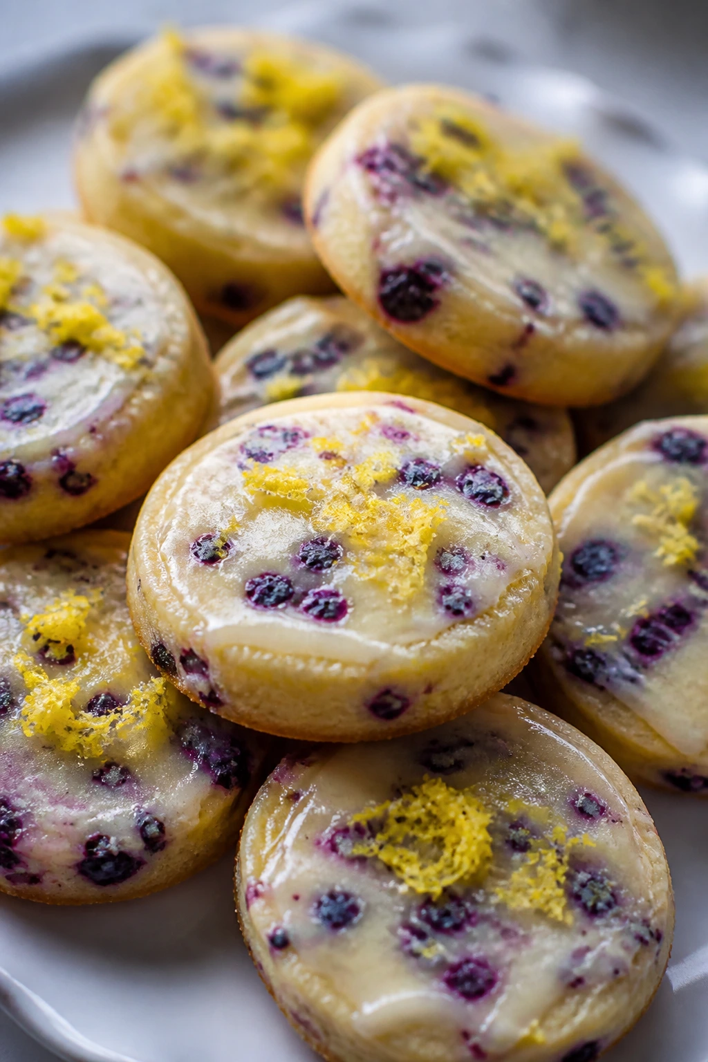 Close-up of lemon blueberry shortbread bites with glaze