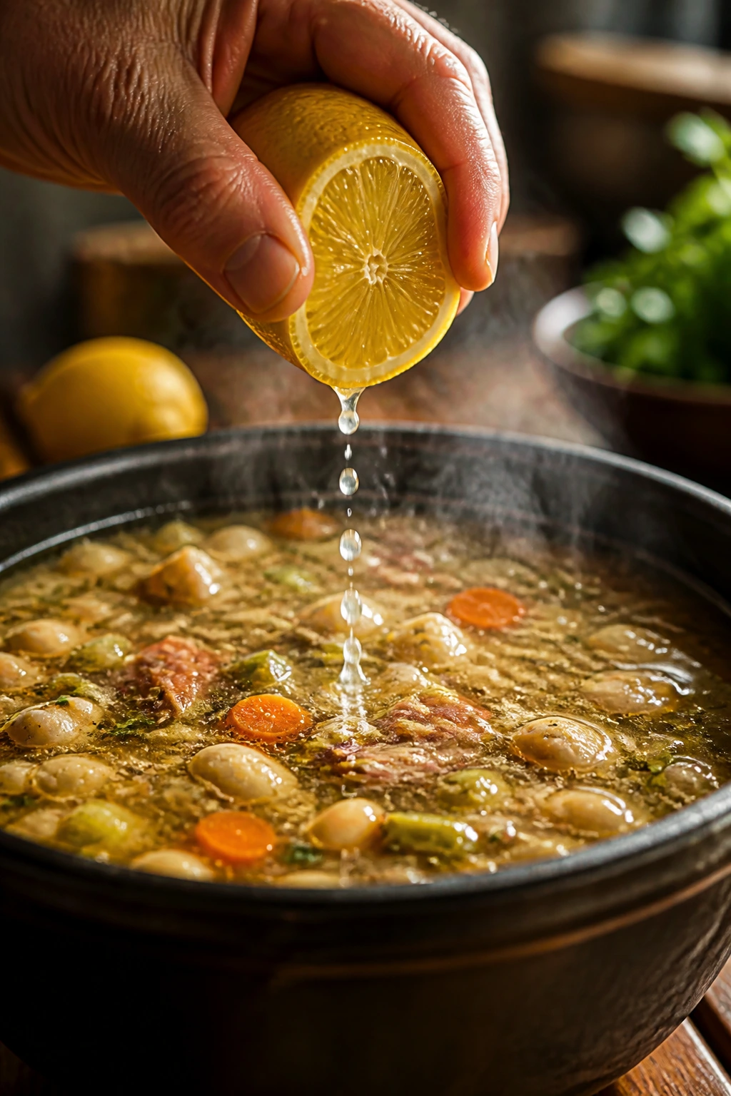 Lemon half squeezed over simmering soup in rustic kitchen