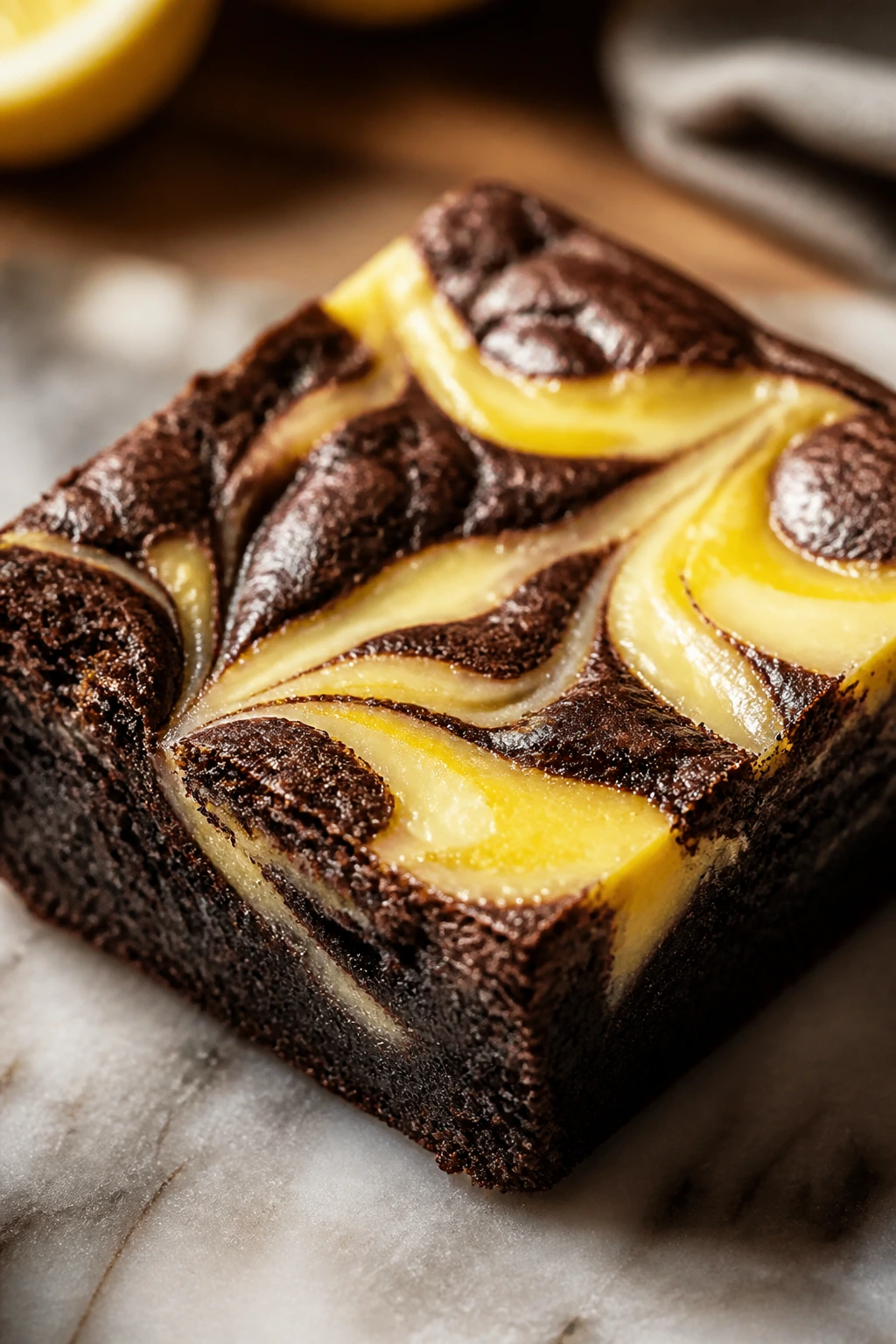 Close-up of lemon cream swirl brownie with bright lemon ribbons