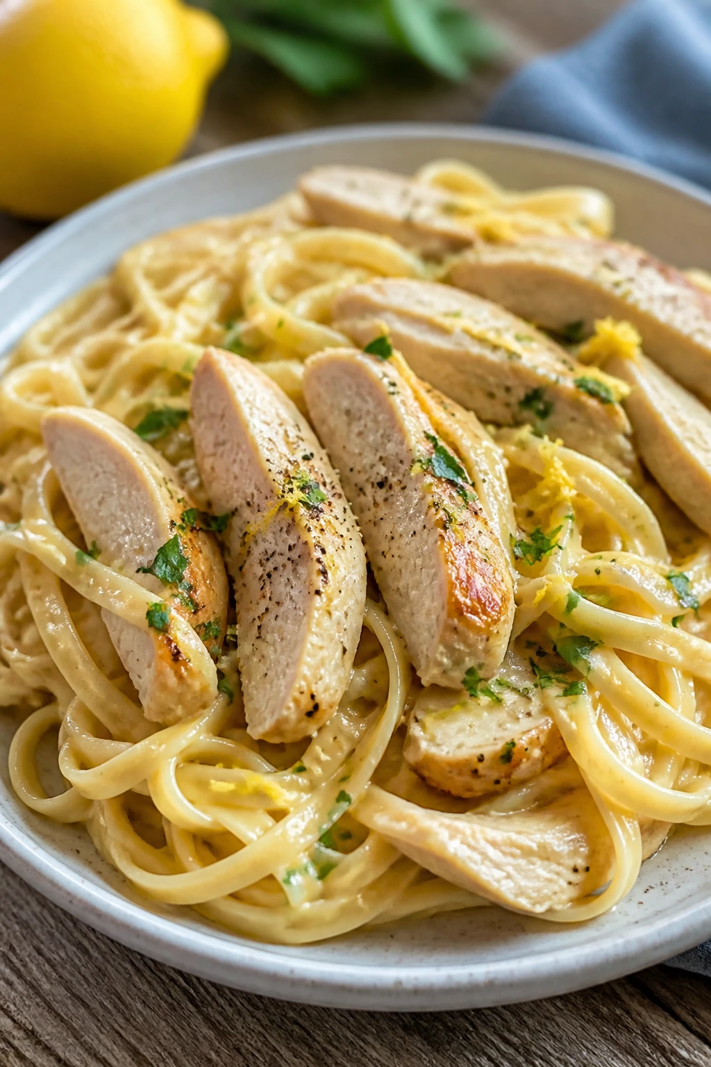 Plate of lemon butter chicken noodles with lemon zest