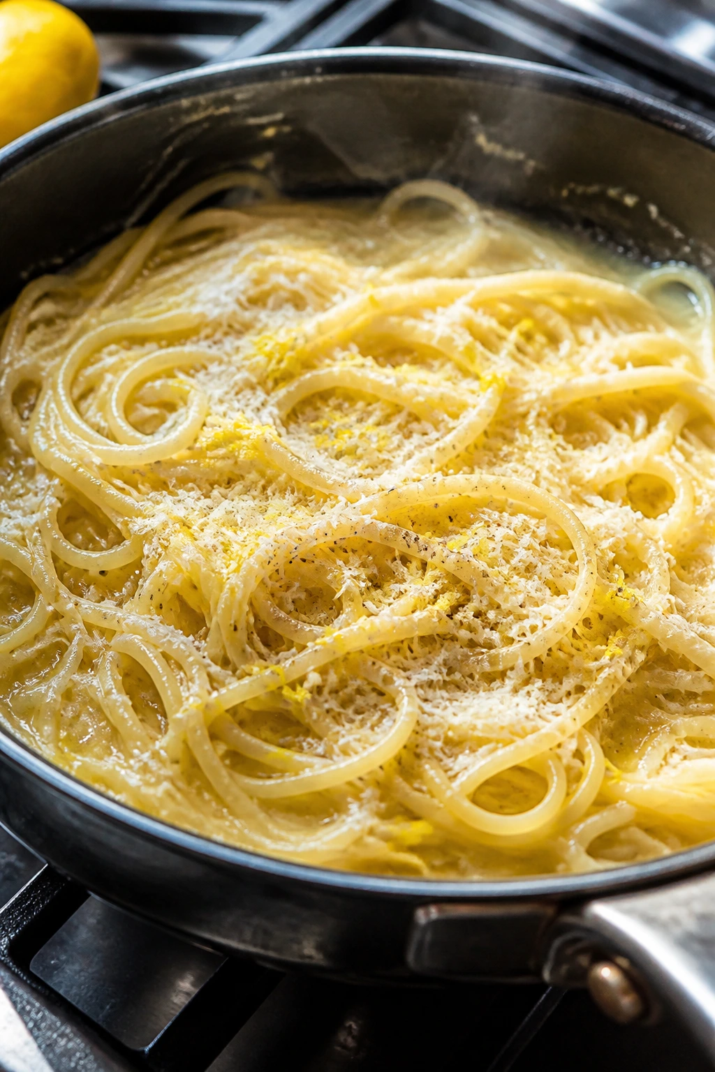 Lemon butter pasta in a pan on a stove with lemon zest.