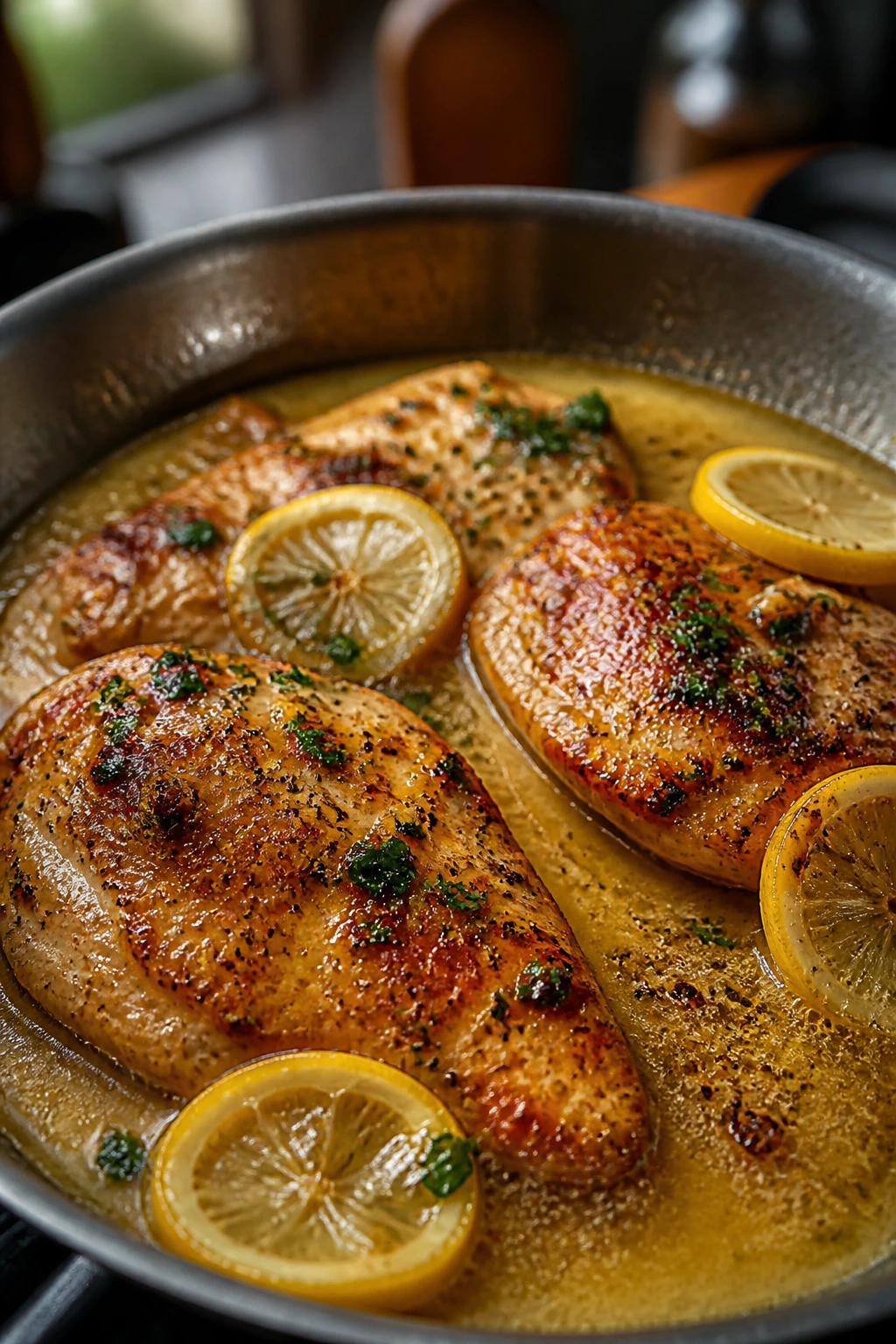 Close-up of lemon-butter pan sauce glossing a seared chicken breast in a home kitchen