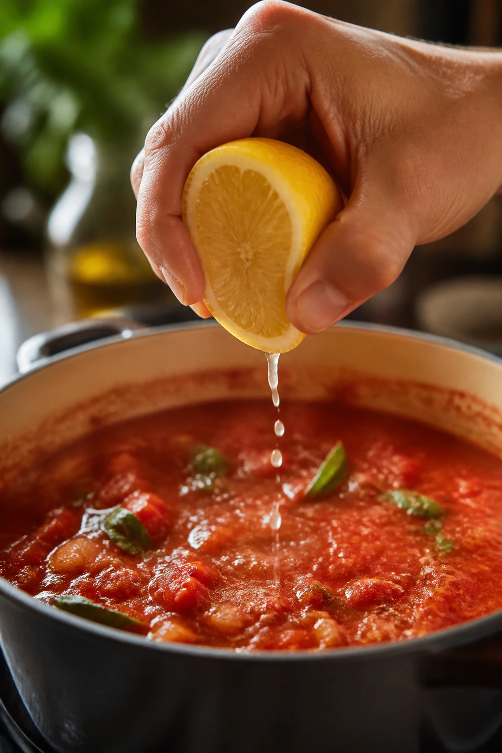 Hand squeezing lemon over tomato sauce in a pot to boost flavor.