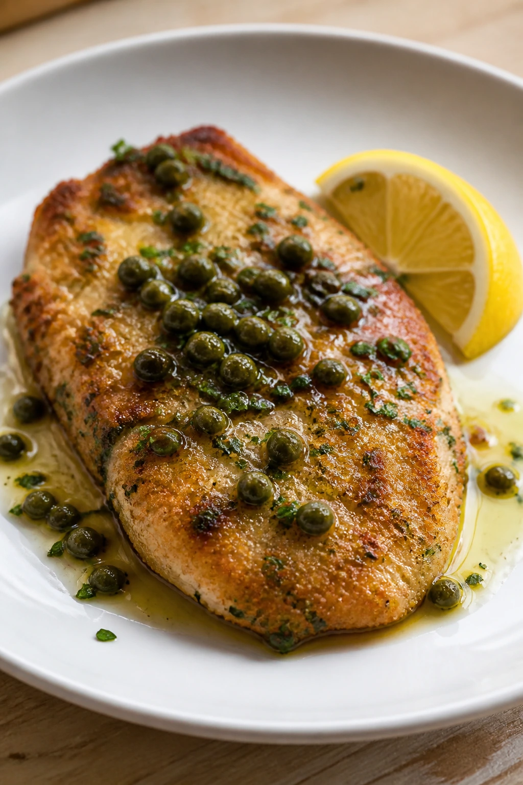 Lemon-caper turkey cutlet on plate with capers and lemon.