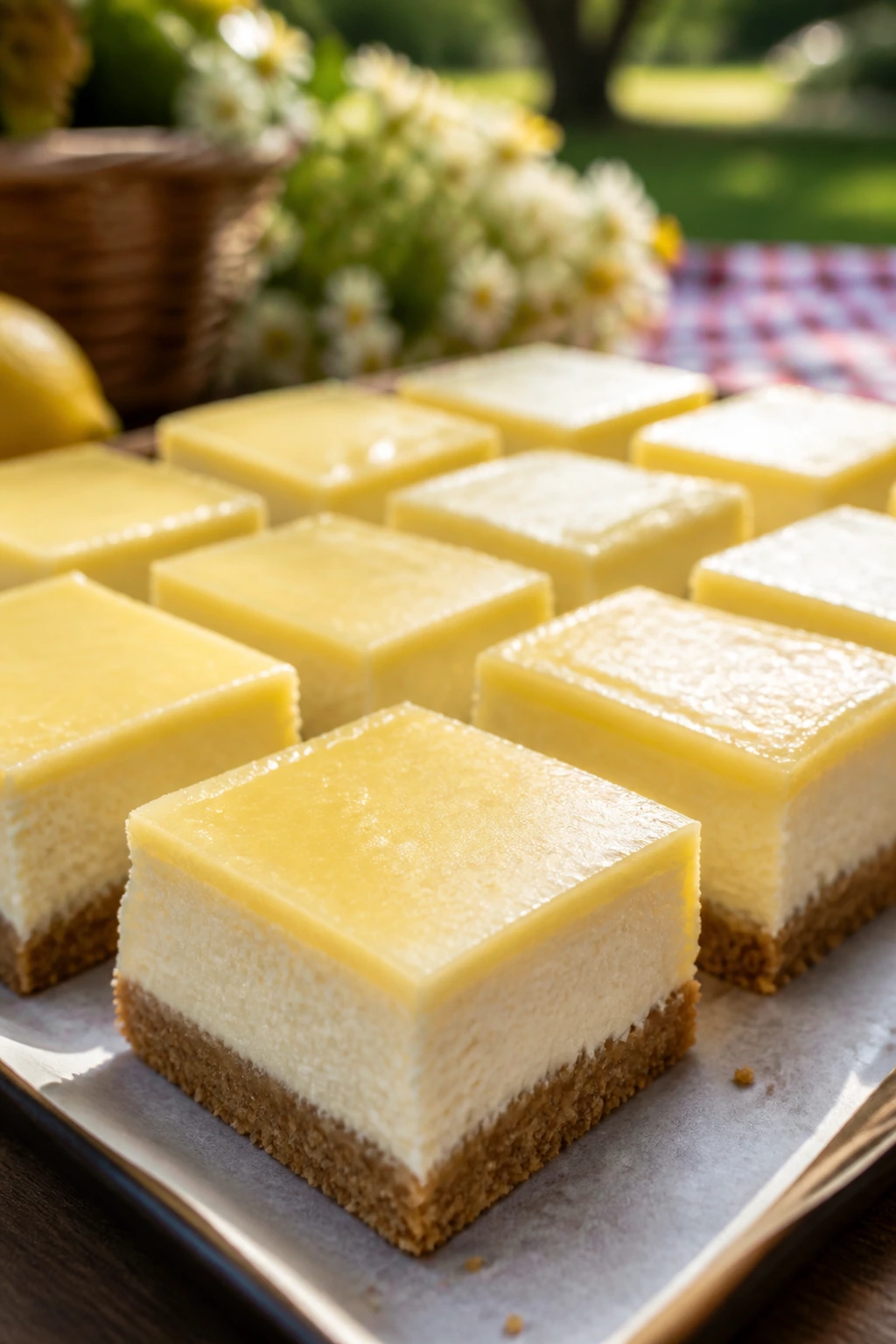 Close-up of no-bake lemon cheesecake bars on parchment outdoors