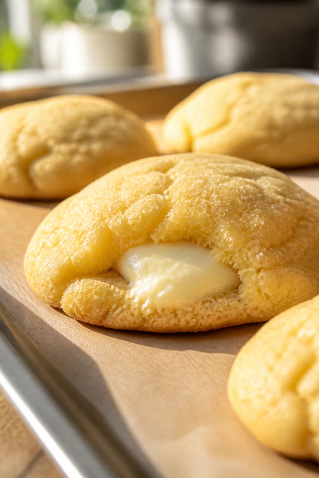 Close-up of lemon cheesecake stuffed cookie showing creamy center