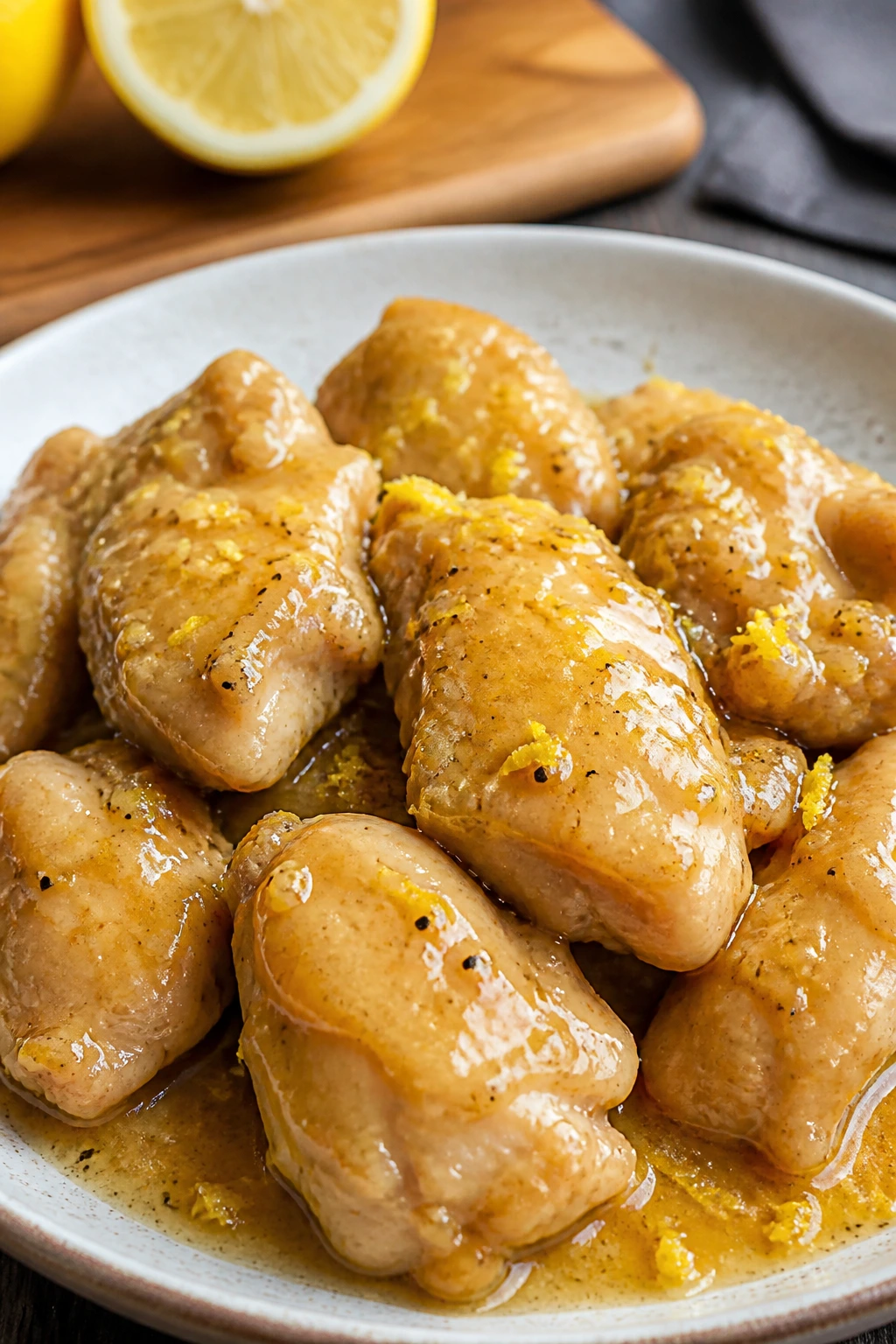 Close-up of lemon chicken with lemon zest on plate in a bright kitchen