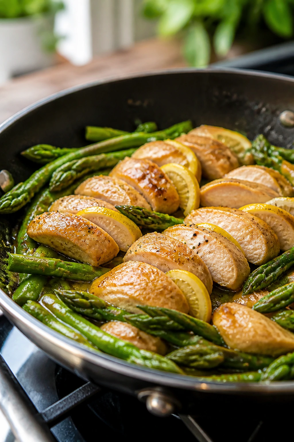 Close-up of lemon chicken with asparagus