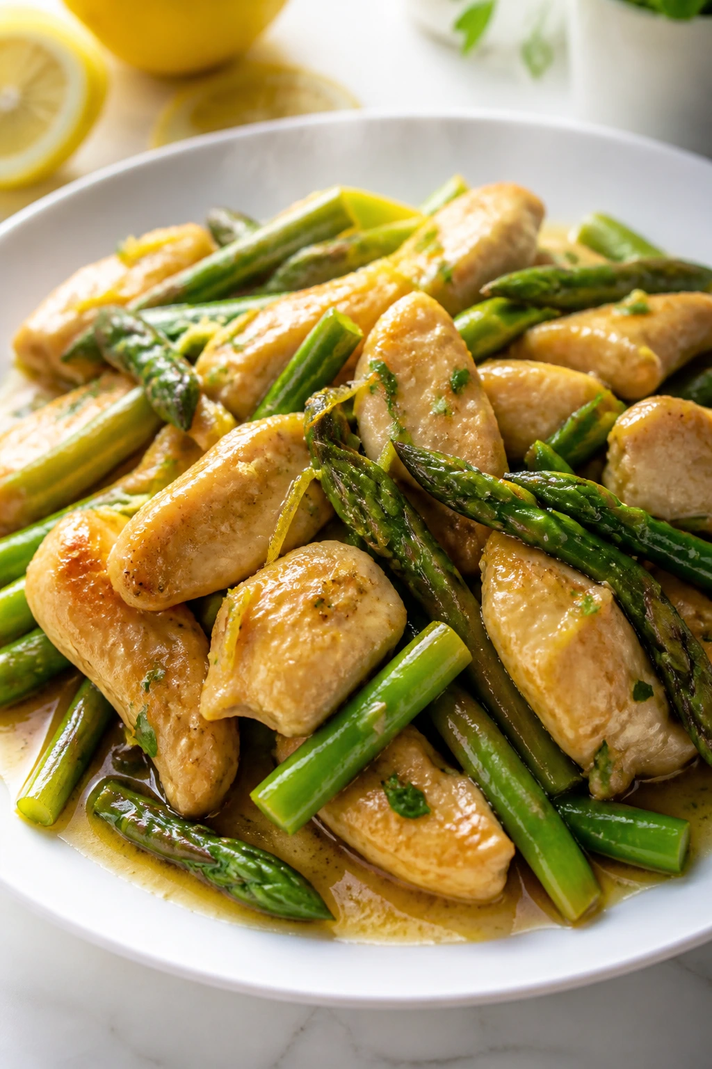 Close-up of lemon chicken stir fry with asparagus