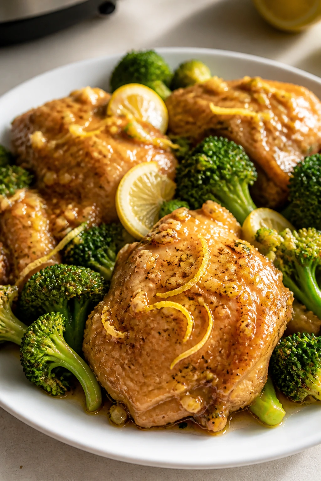Bright lemon-glazed chicken and broccoli on plate