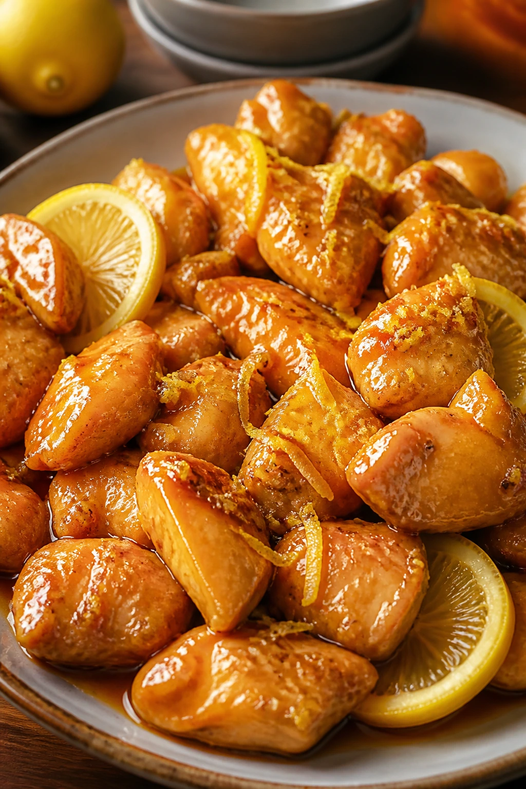 Close-up of Chinese Lemon Chicken with lemon zest on glossy glaze