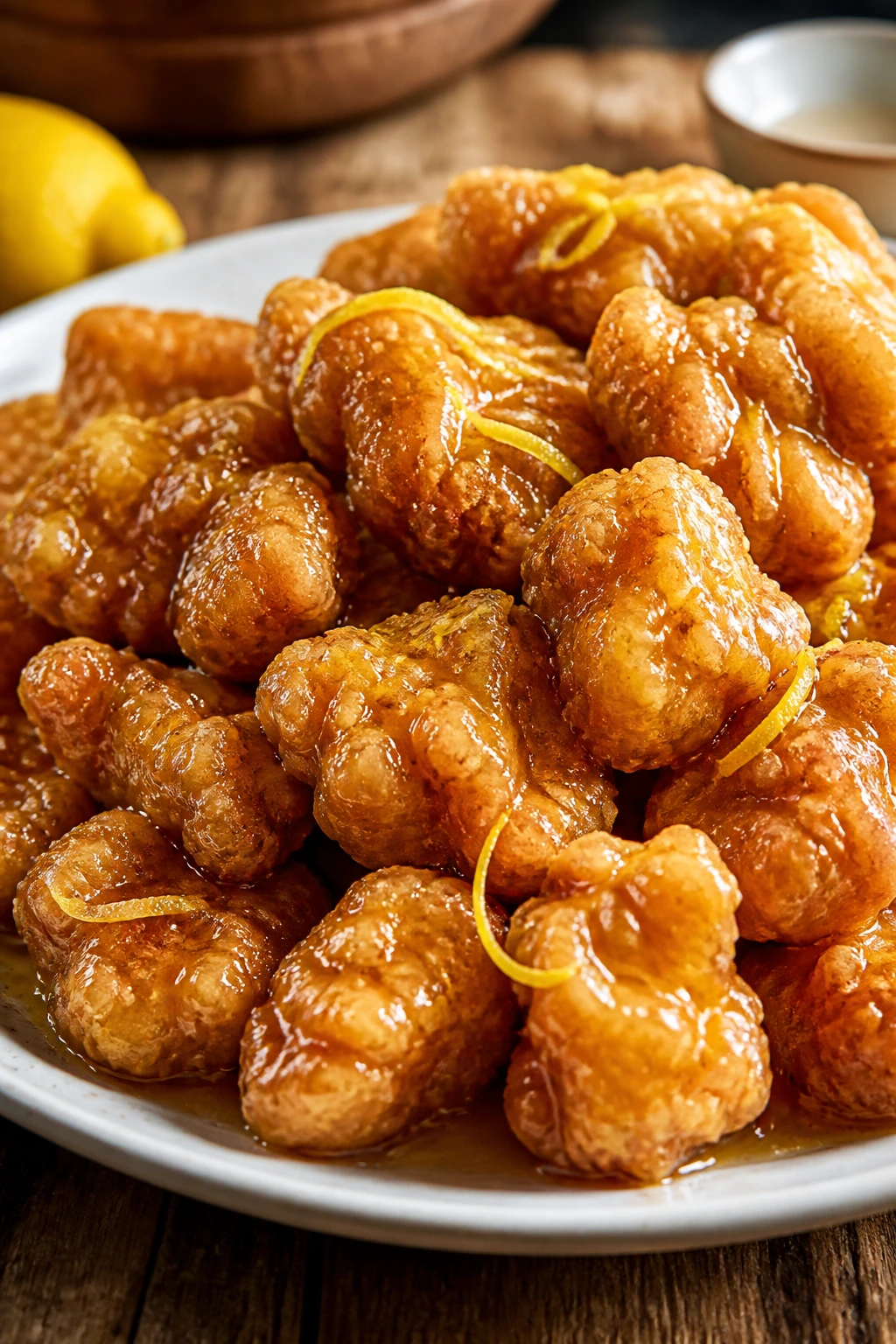 Close-up of glossy Chinese lemon chicken filling the plate with zest in a warm kitchen