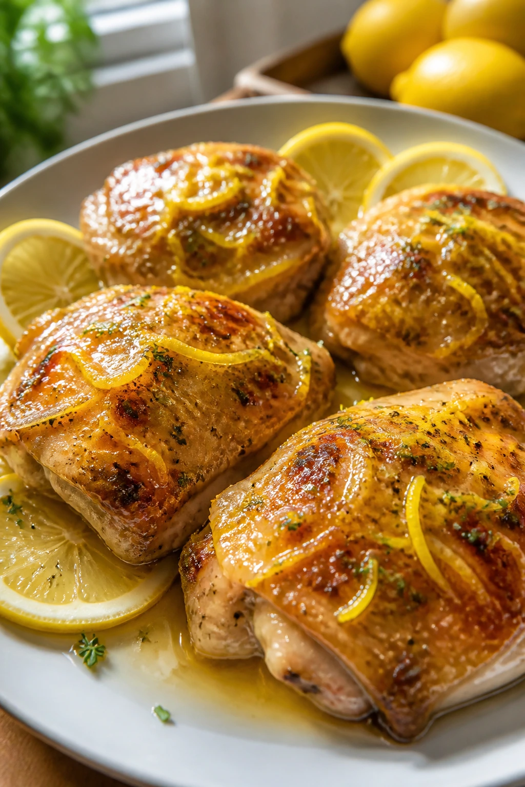 Close-up of bright lemon-glazed chicken thighs on plate