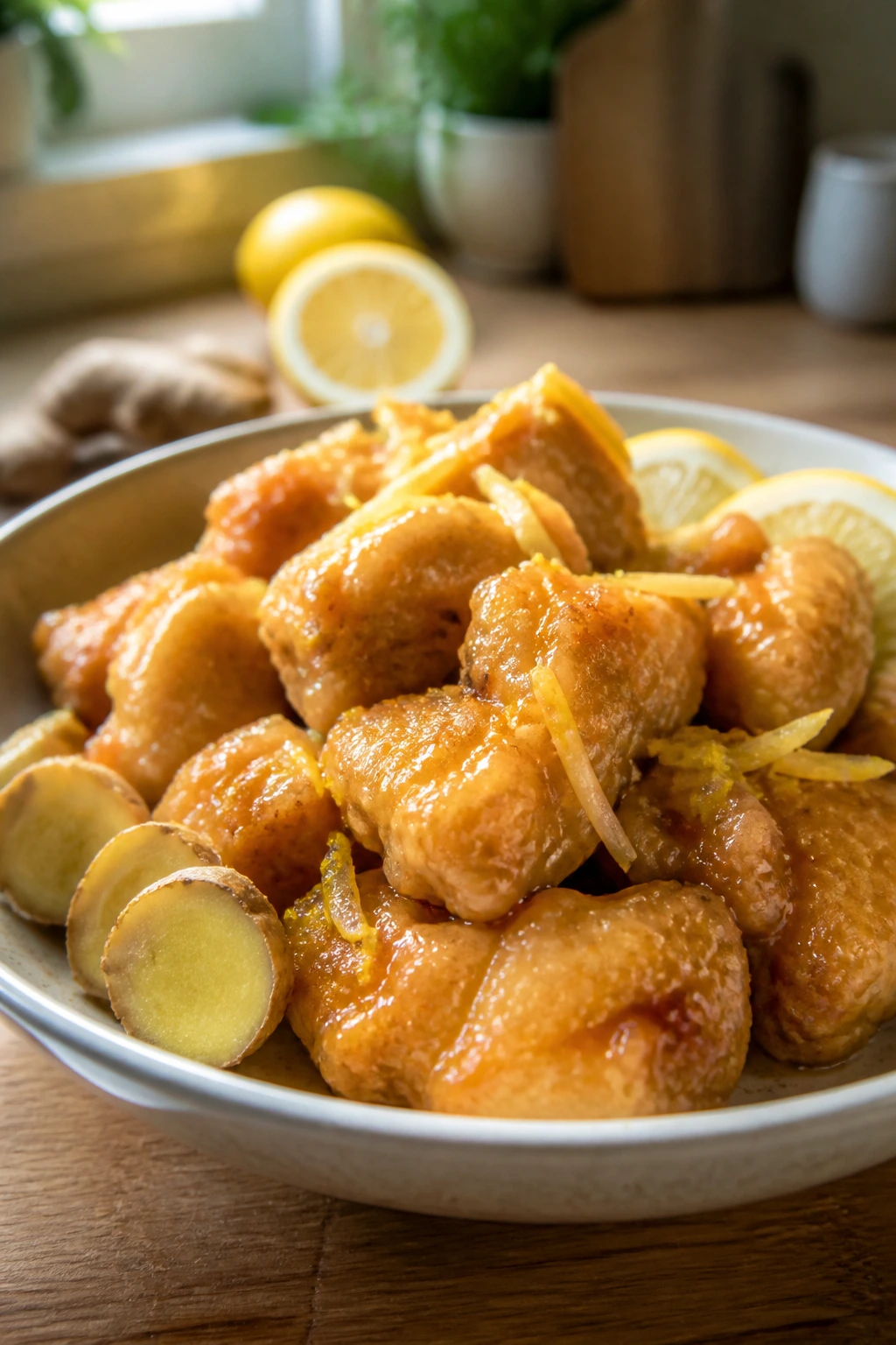 Ginger-forward lemon chicken close-up with fresh ginger in glossy sauce.