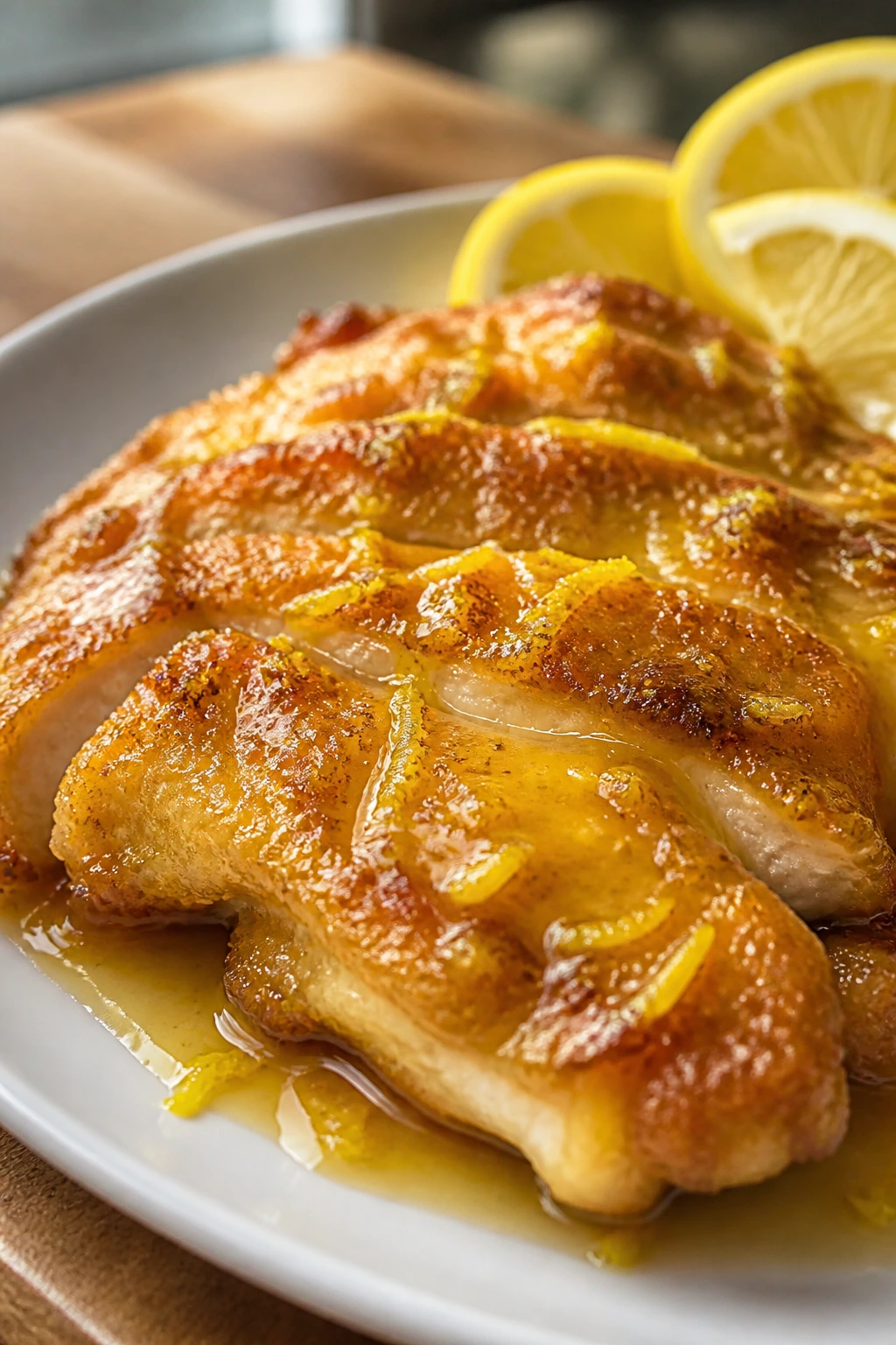 Close-up of crispy lemon chicken with glossy sauce and zest on plate