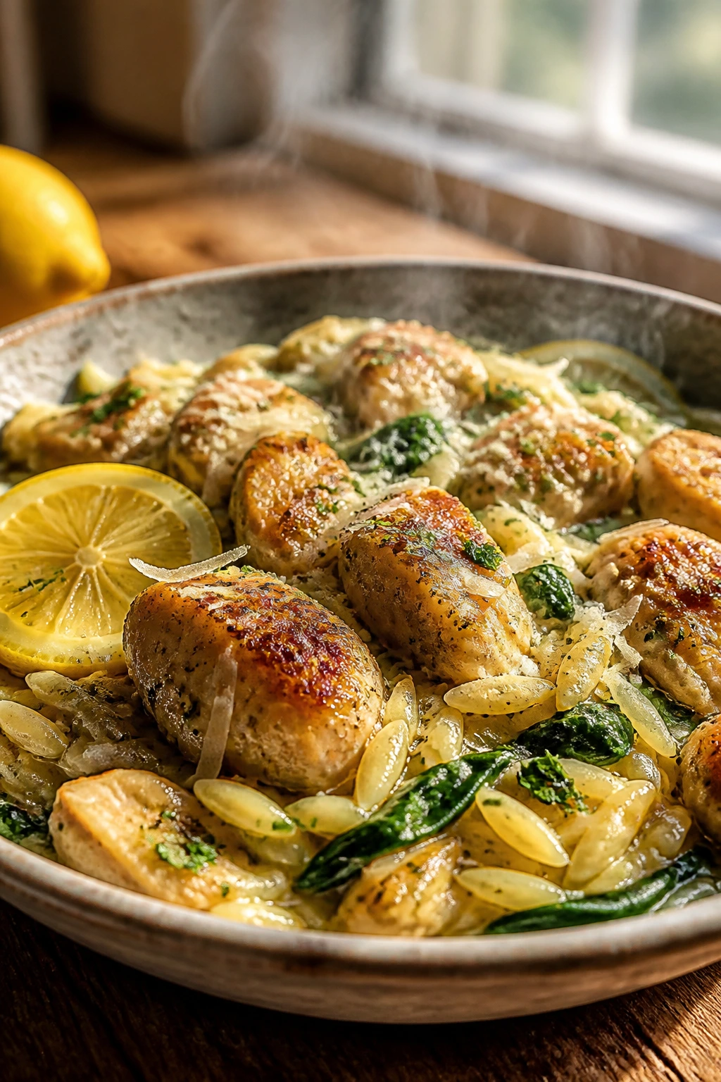 Close-up of lemon chicken orzo bowl with spinach and parmesan on rustic plate