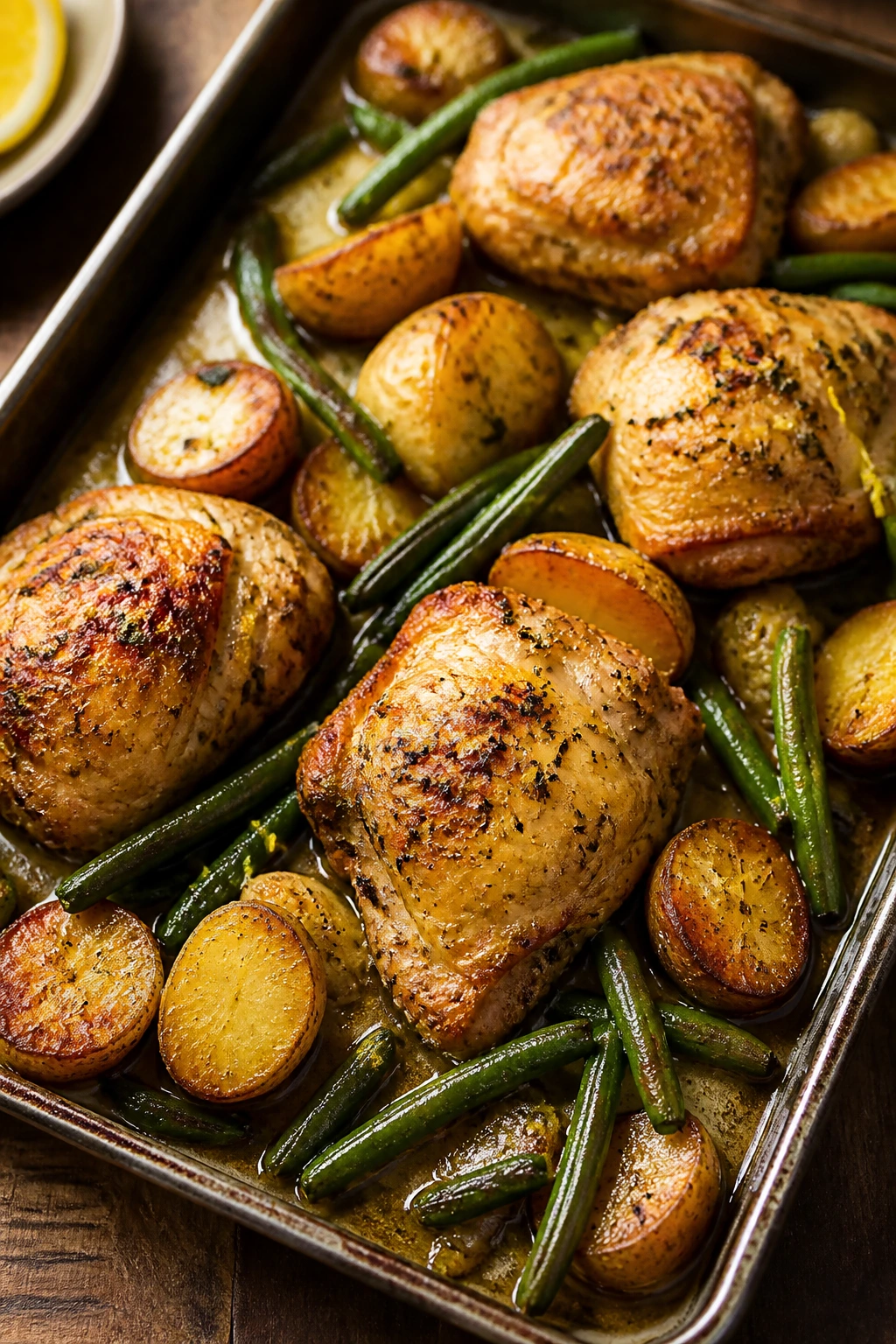 Roasted lemon herb chicken with potatoes on a sheet pan