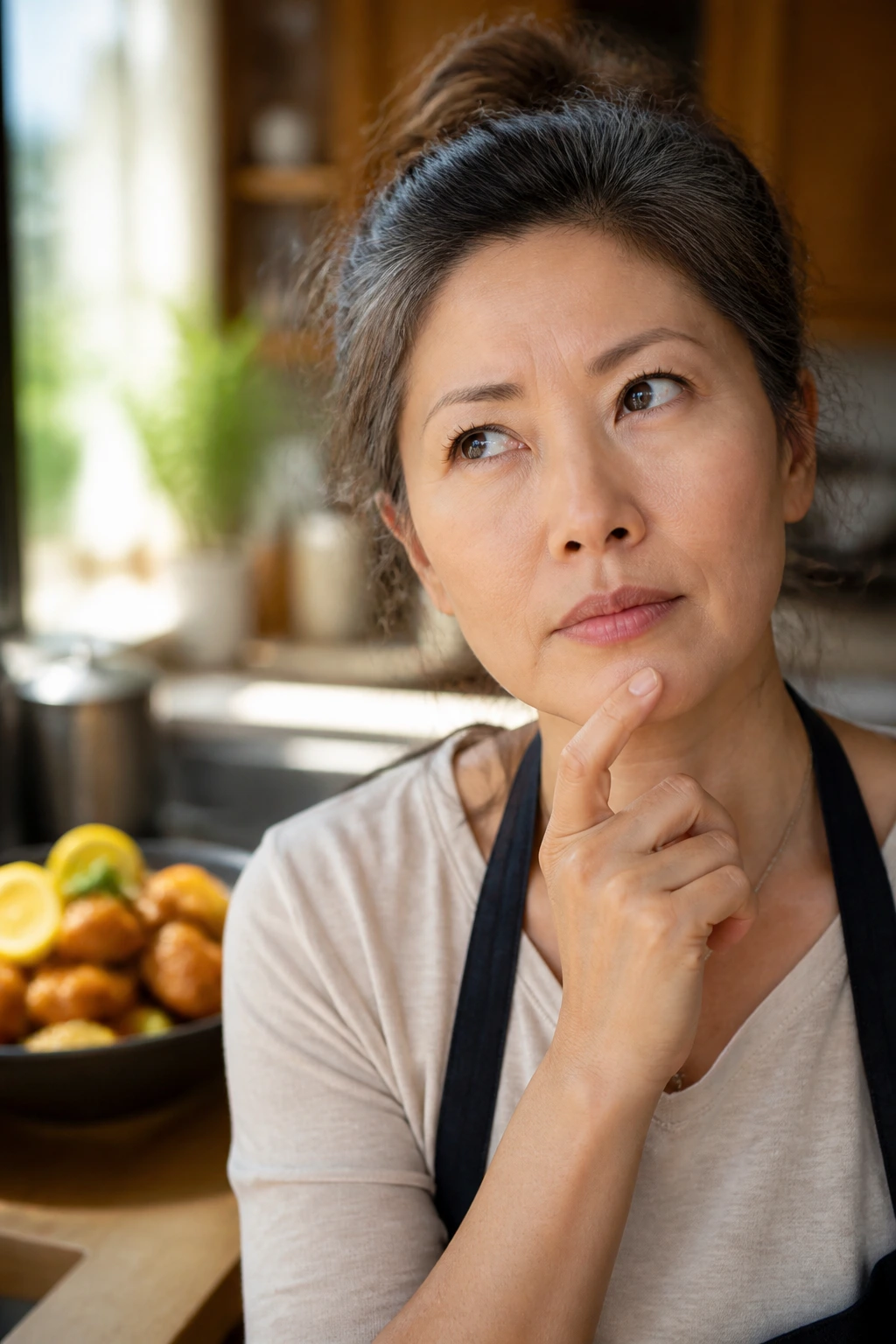 Portrait of a home cook in a kitchen with lemon chicken in the background.