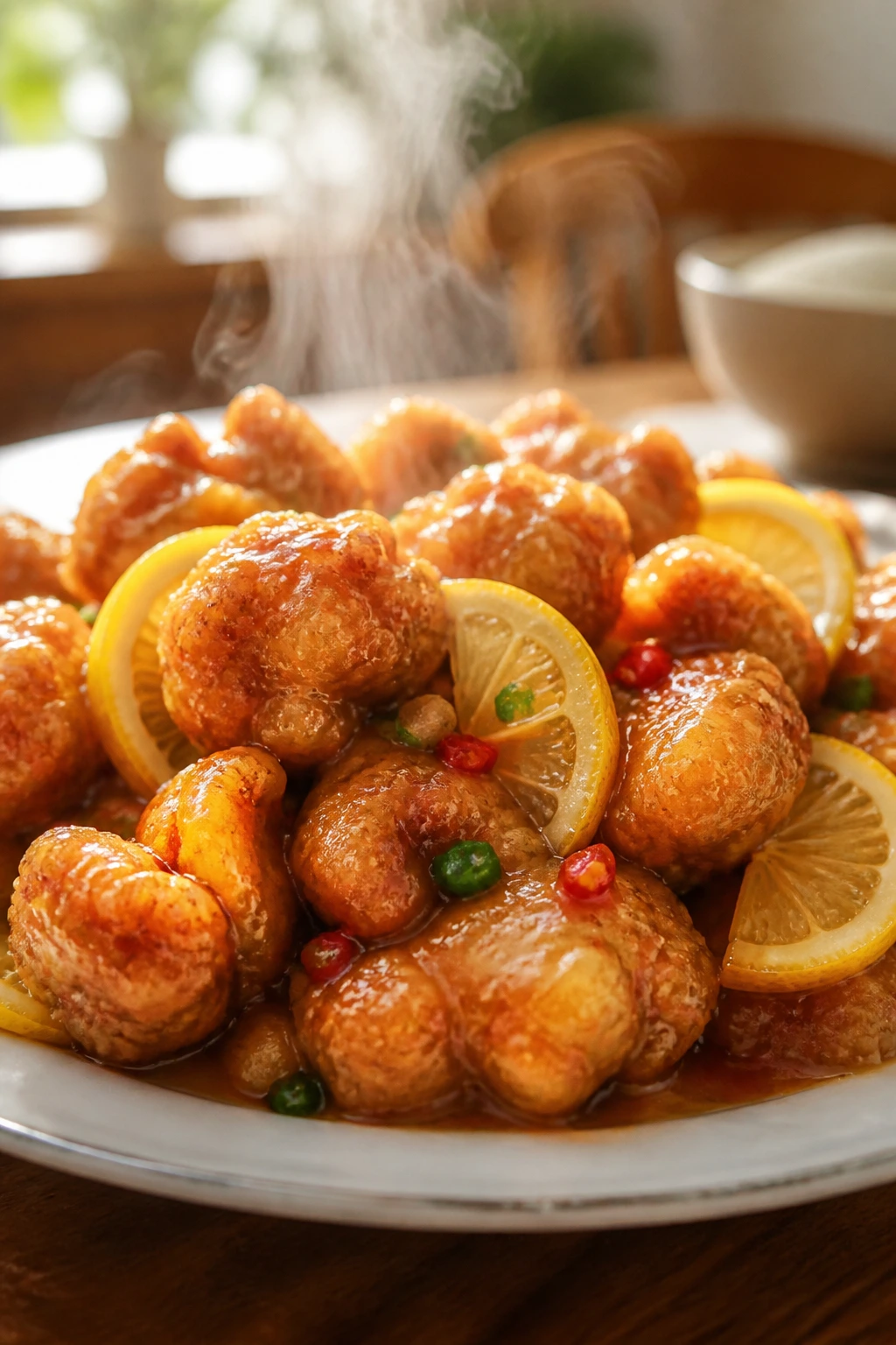 Steaming plate of lemon chicken with glossy sauce and crisp crust.