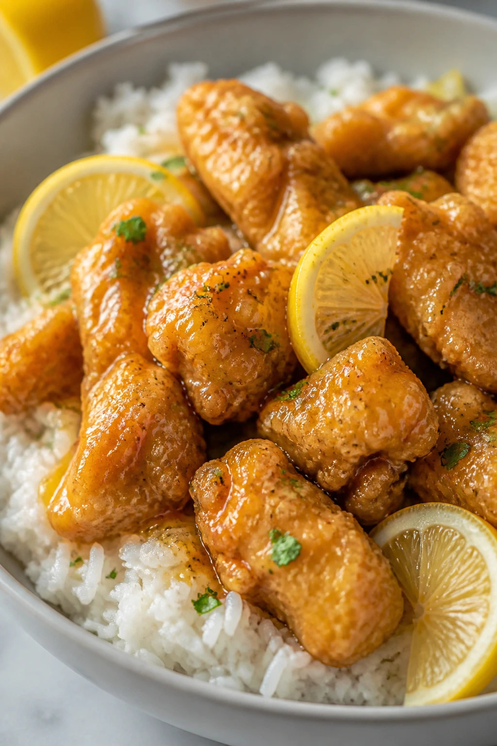 Crispy lemon-glazed chicken over white rice on a kitchen counter