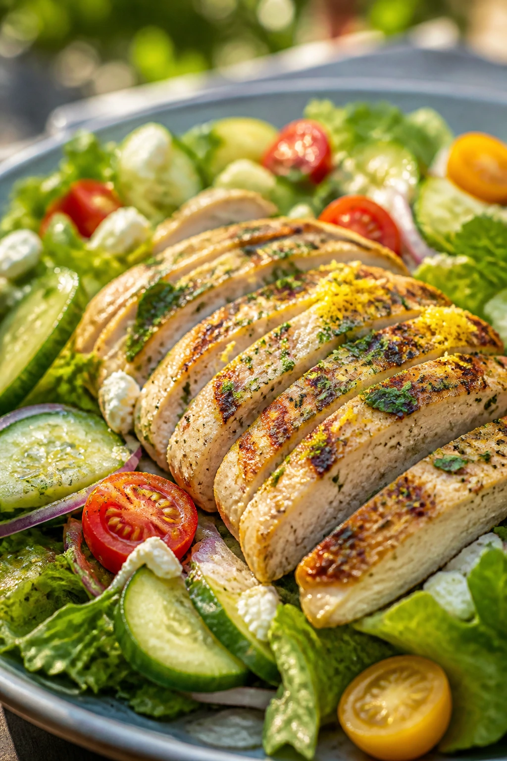 Close-up of Lemon-Herb Grilled Chicken Salad with greens and feta