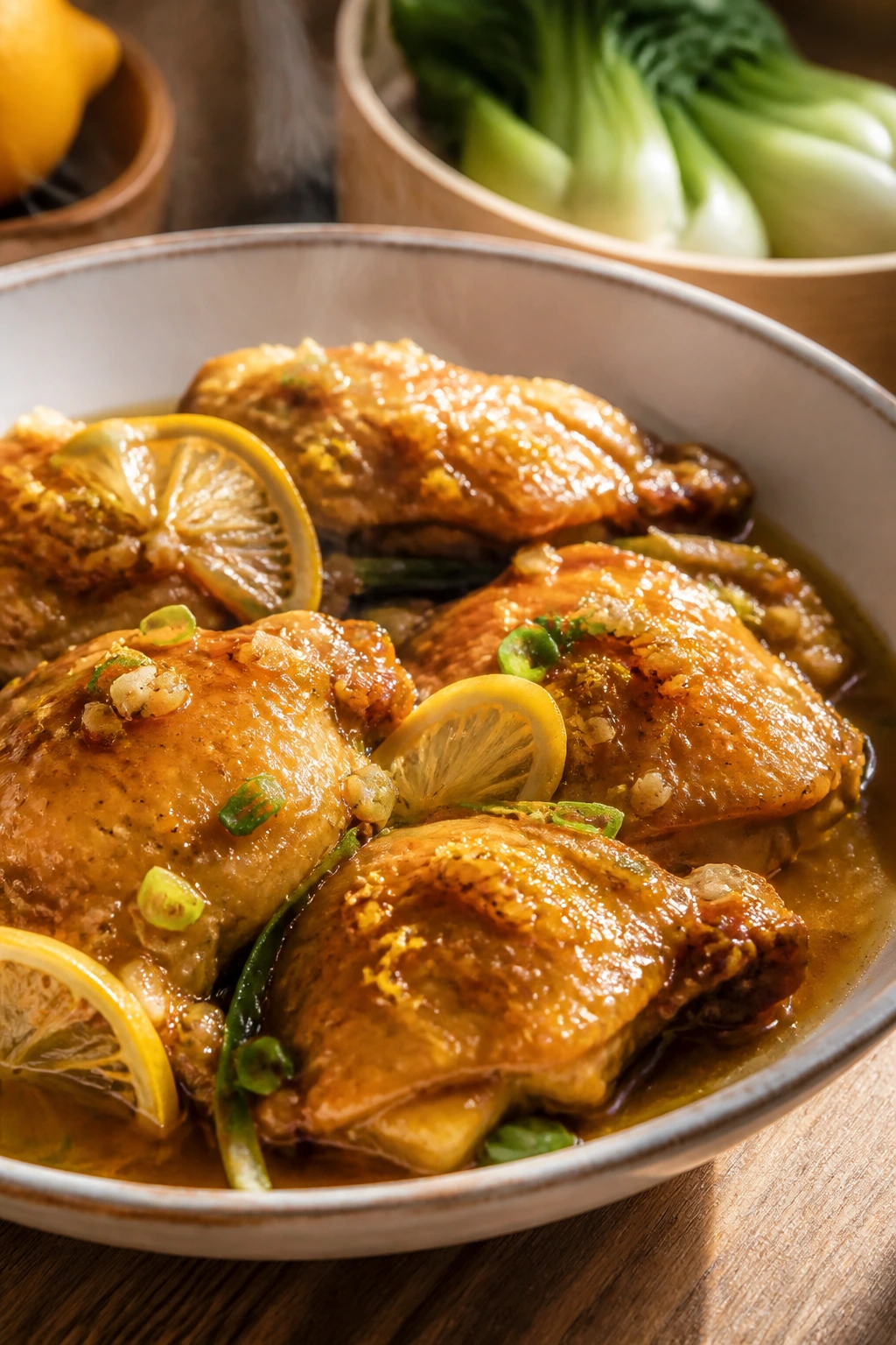 Close-up of glossy lemon-glazed chicken thighs in a rustic bowl