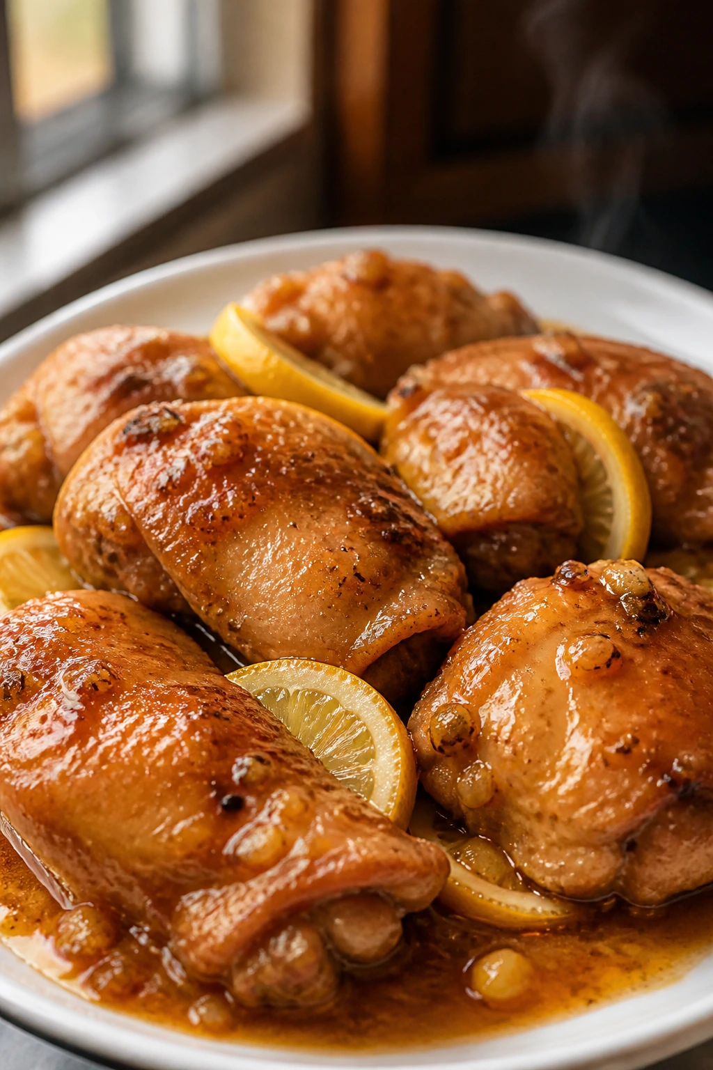 Close-up of Crockpot Lemon Chicken thighs with lemon glaze on plate in a warm kitchen