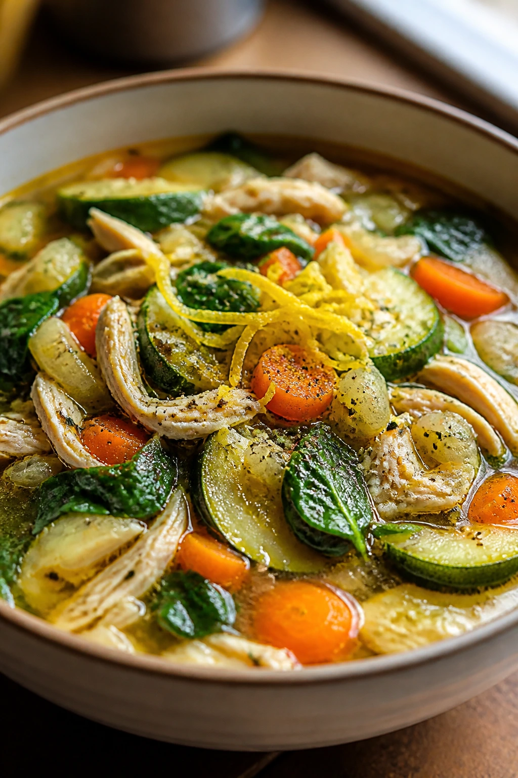 Steaming bowl of lemon chicken vegetable soup with vibrant vegetables.