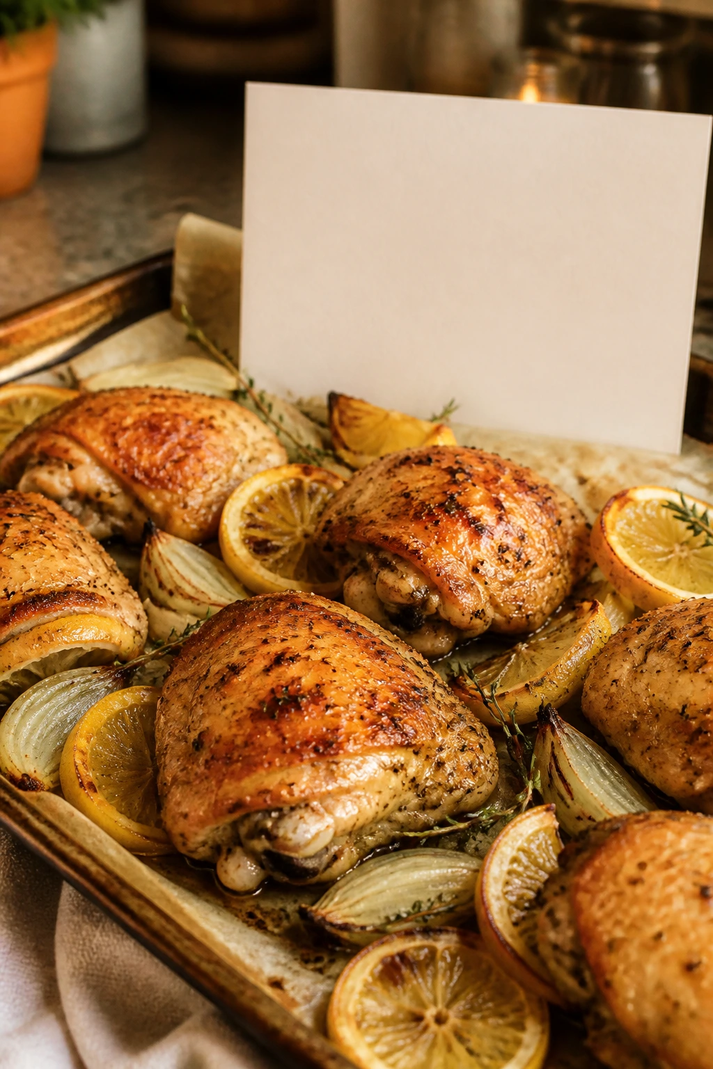 Close-up of roasted lemon chicken thighs with a blank recipe card in the background