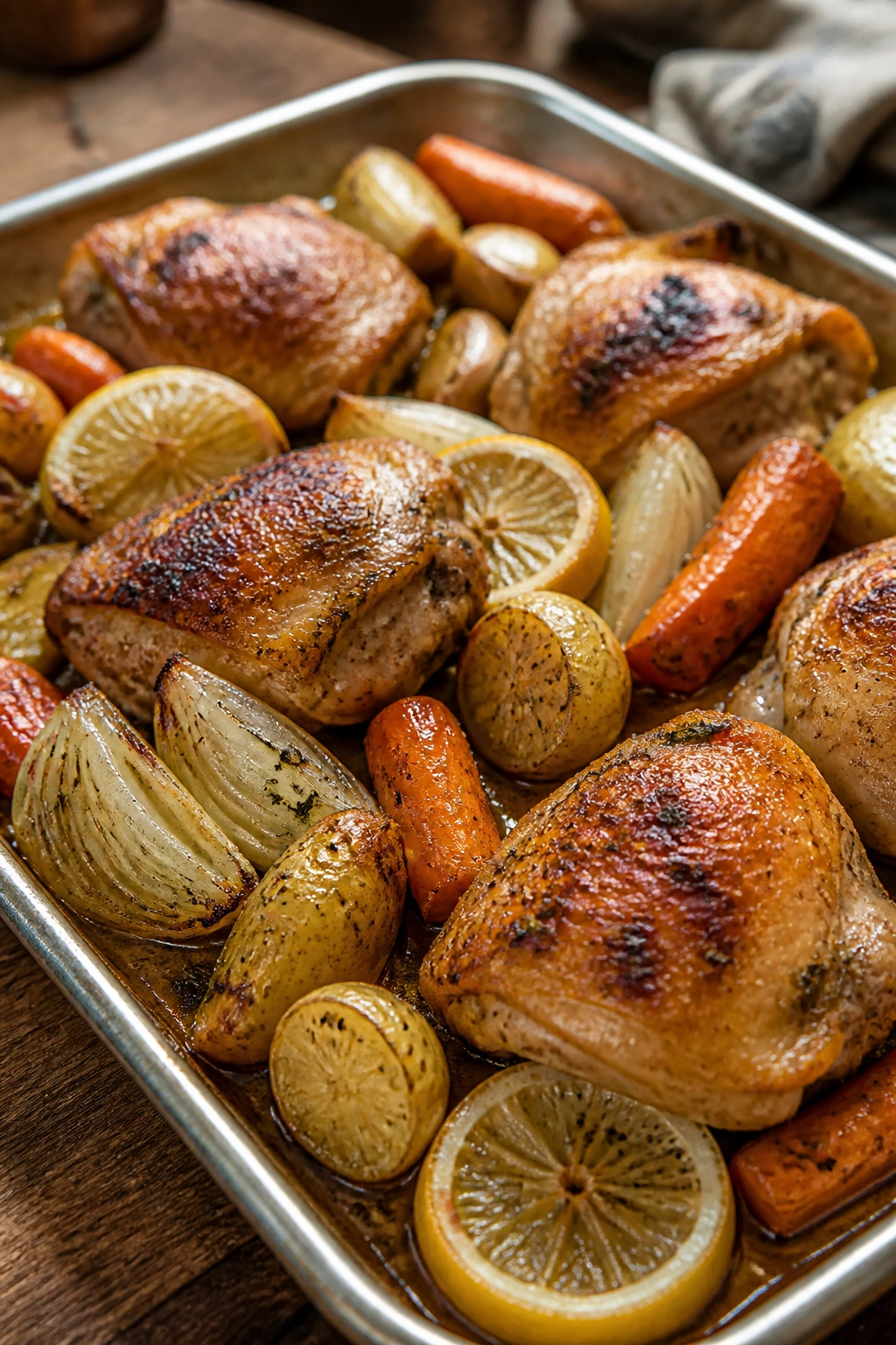 Bronzed chicken thighs with lemon and vegetables on a sheet pan