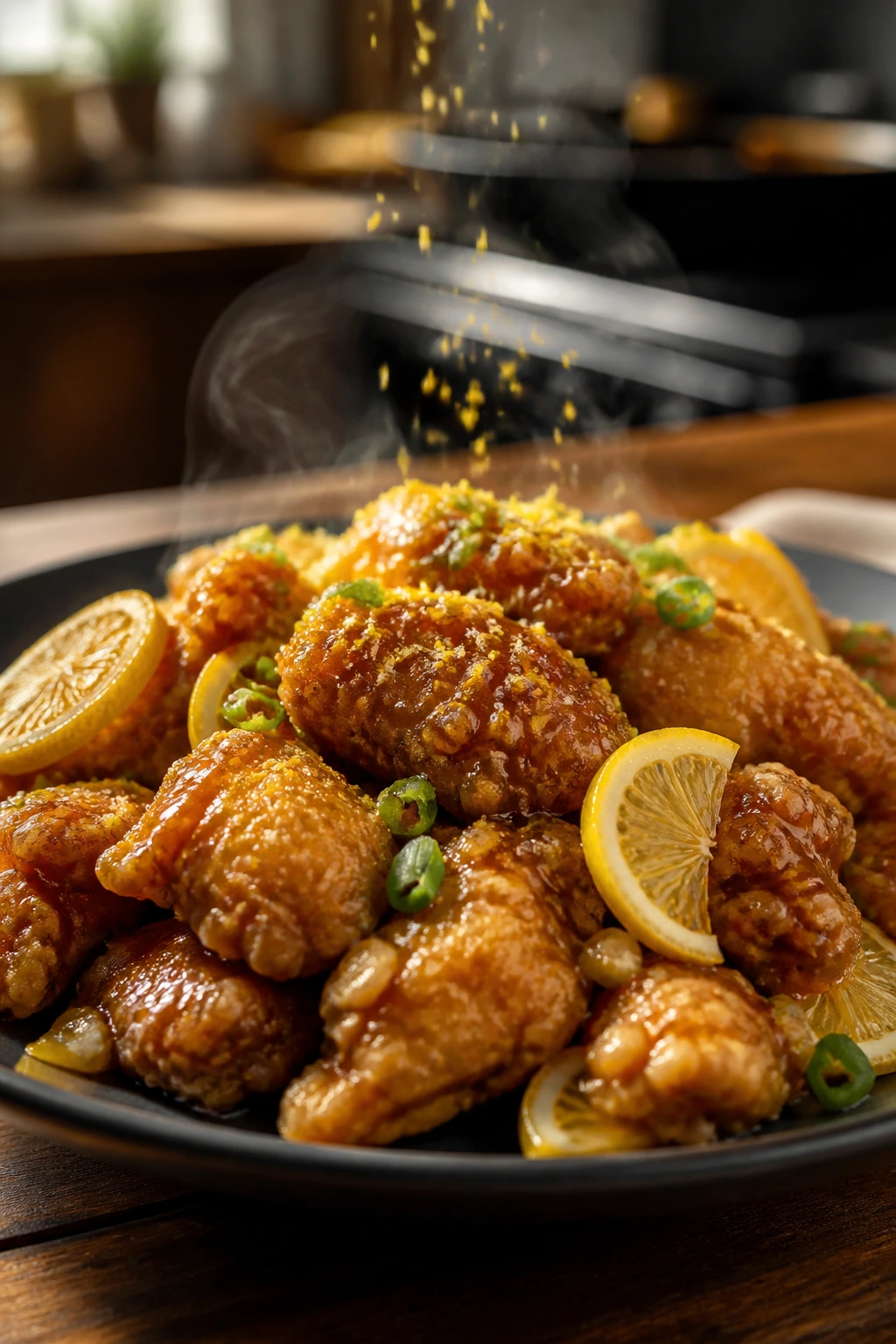 Close-up of plated lemon chicken with lemon zest being added and steam rising.