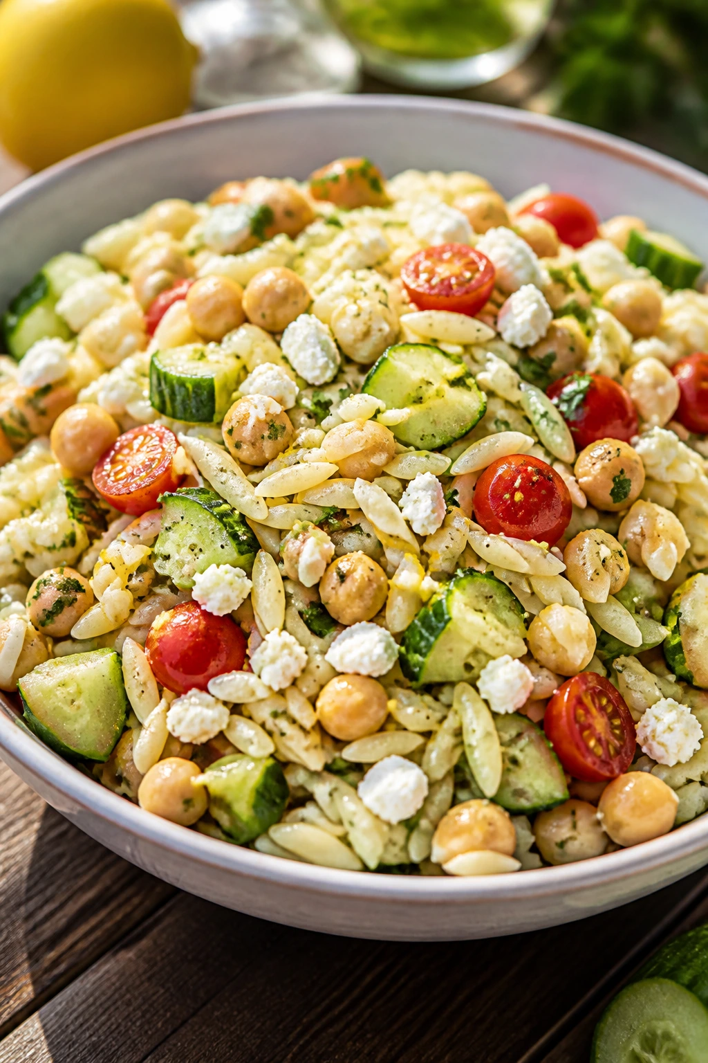 Bright chickpea orzo salad in a bowl on a wooden table