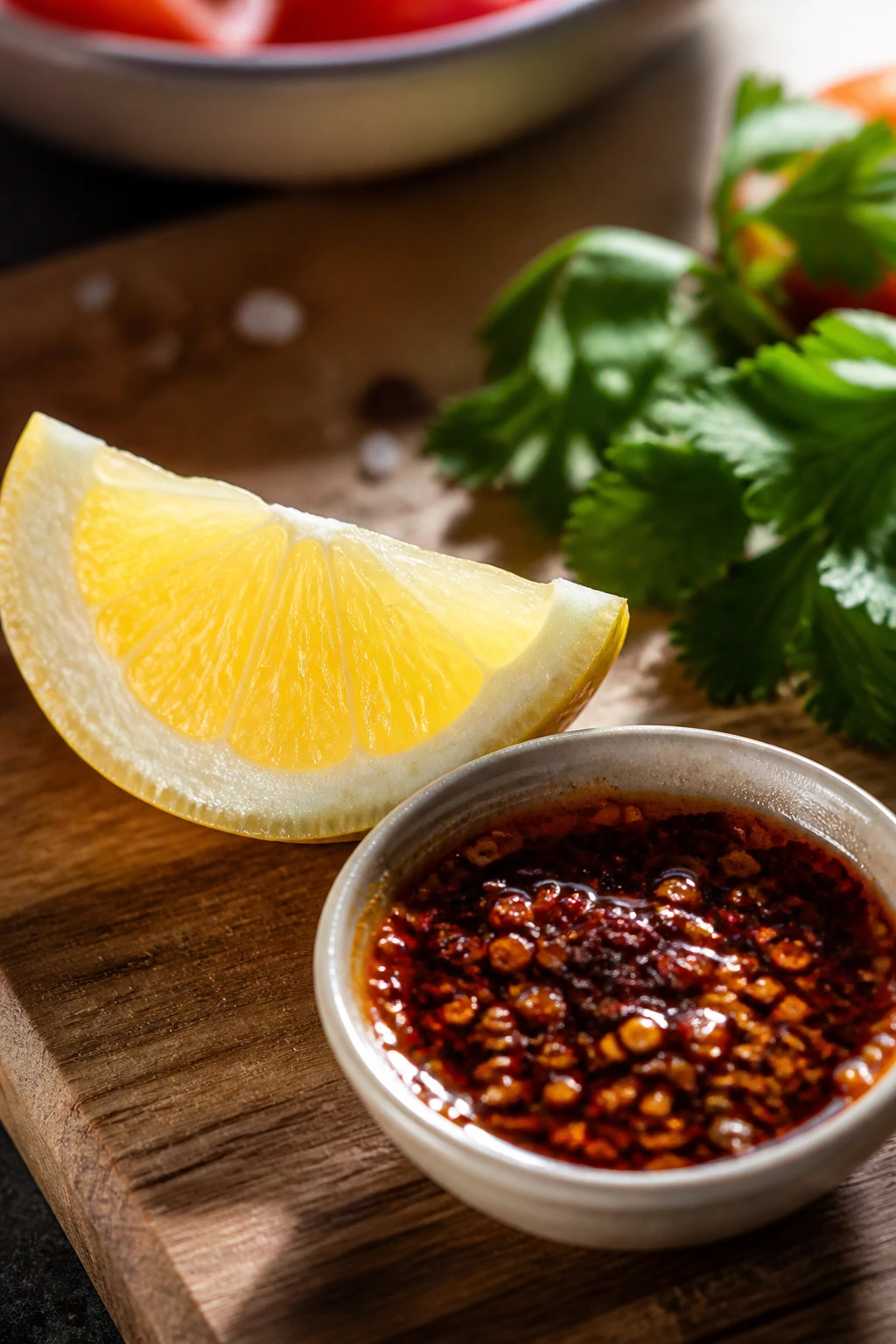 Lemon wedge and chili crisp on a wooden board as flavor boosters