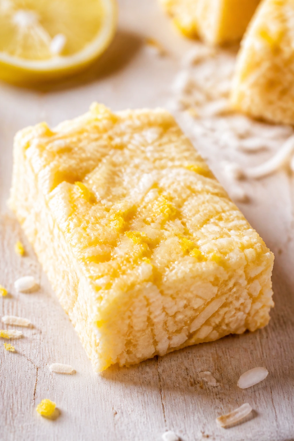 Bright lemon coconut protein bar close-up with zest and coconut texture