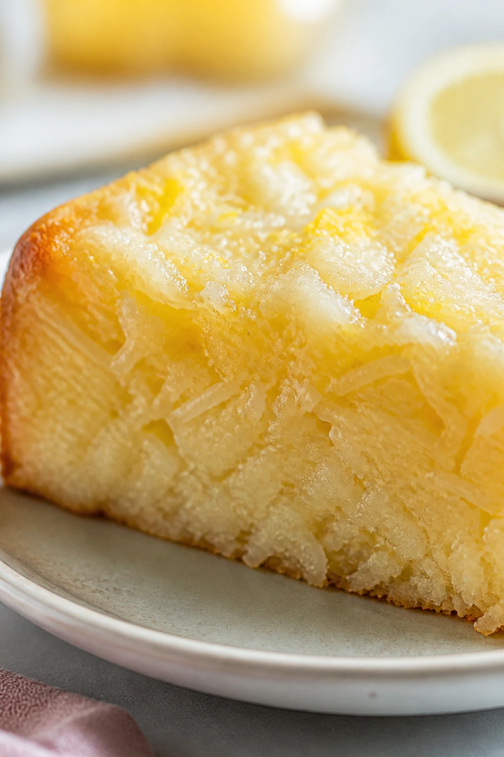 Close-up of a lemon-coconut sticky rice tea cake slice with a glossy glaze