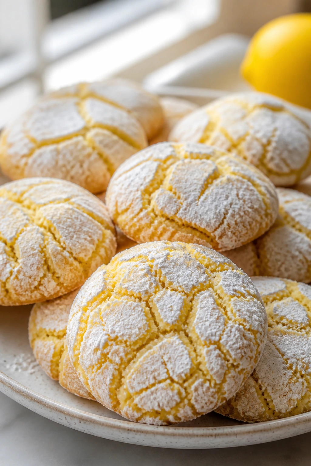 Close-up of lemon crinkle cookies with powdered sugar