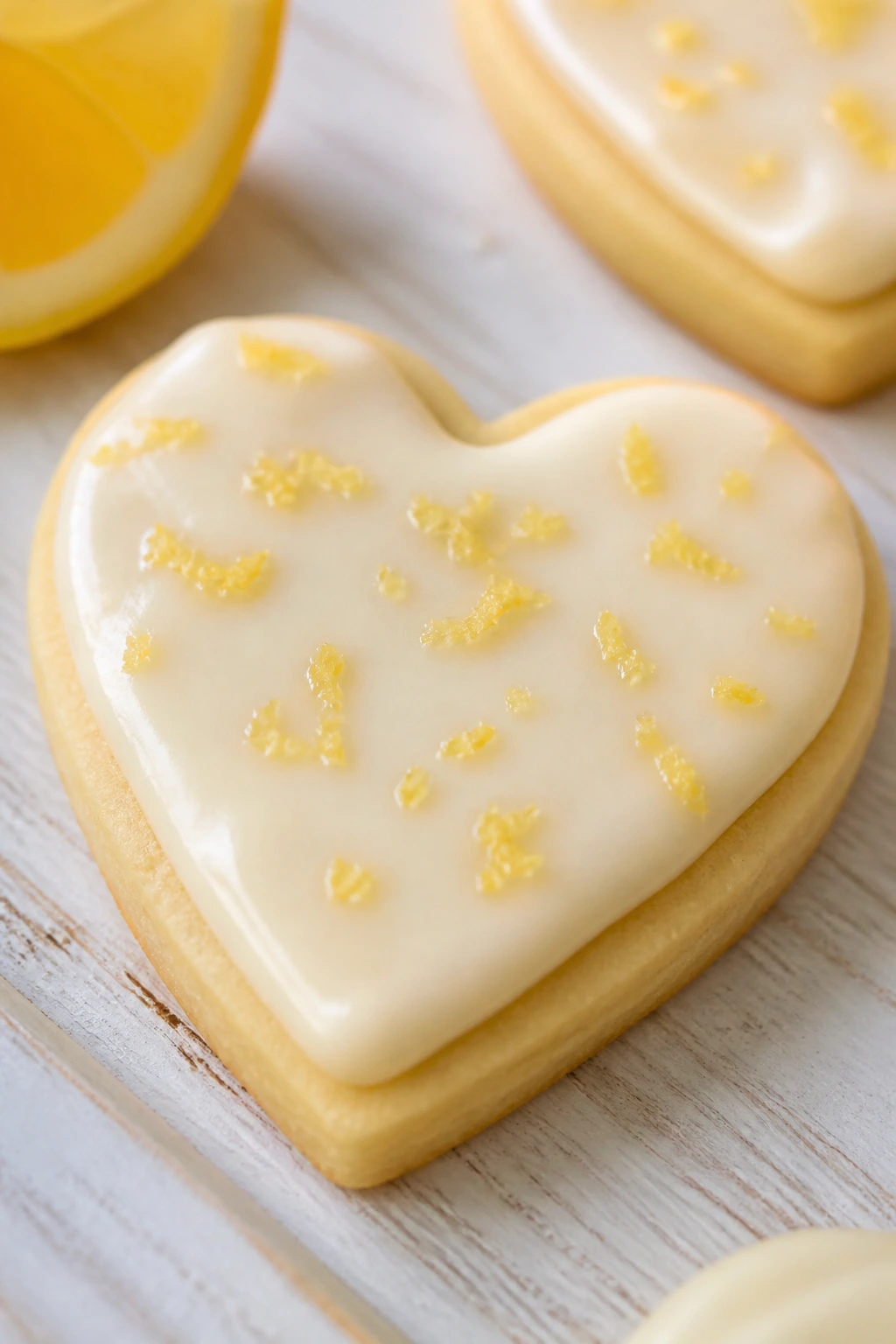 Heart-shaped lemon cream cookie with pale glaze on wooden surface
