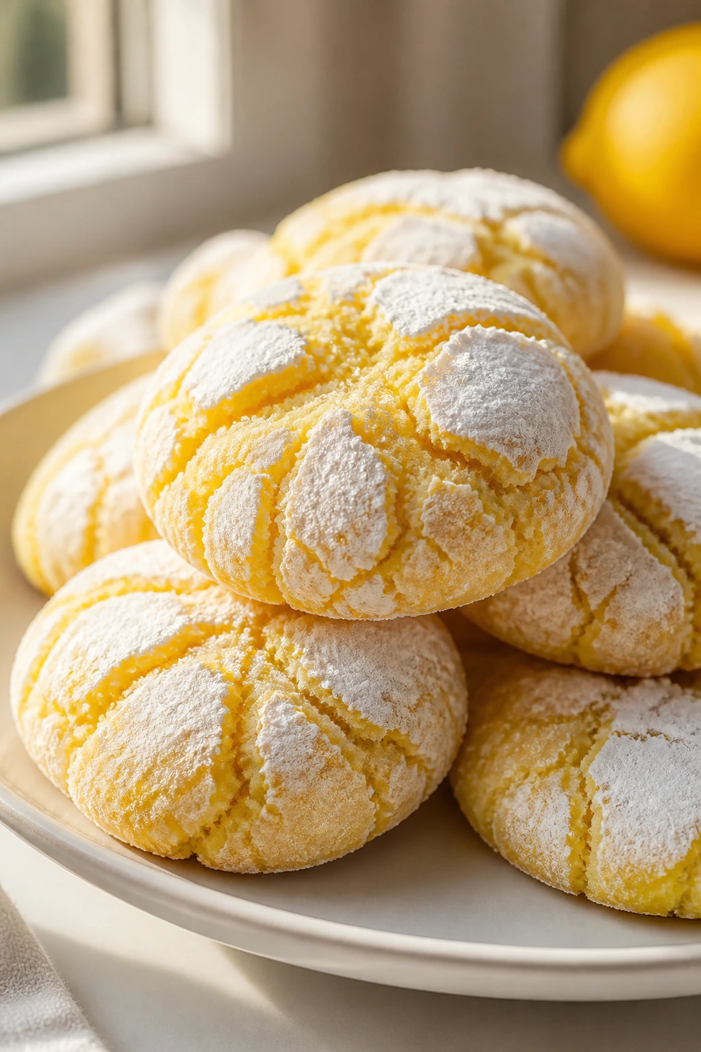 Bright lemon crinkle cookies with powdered sugar on a sunny windowsill