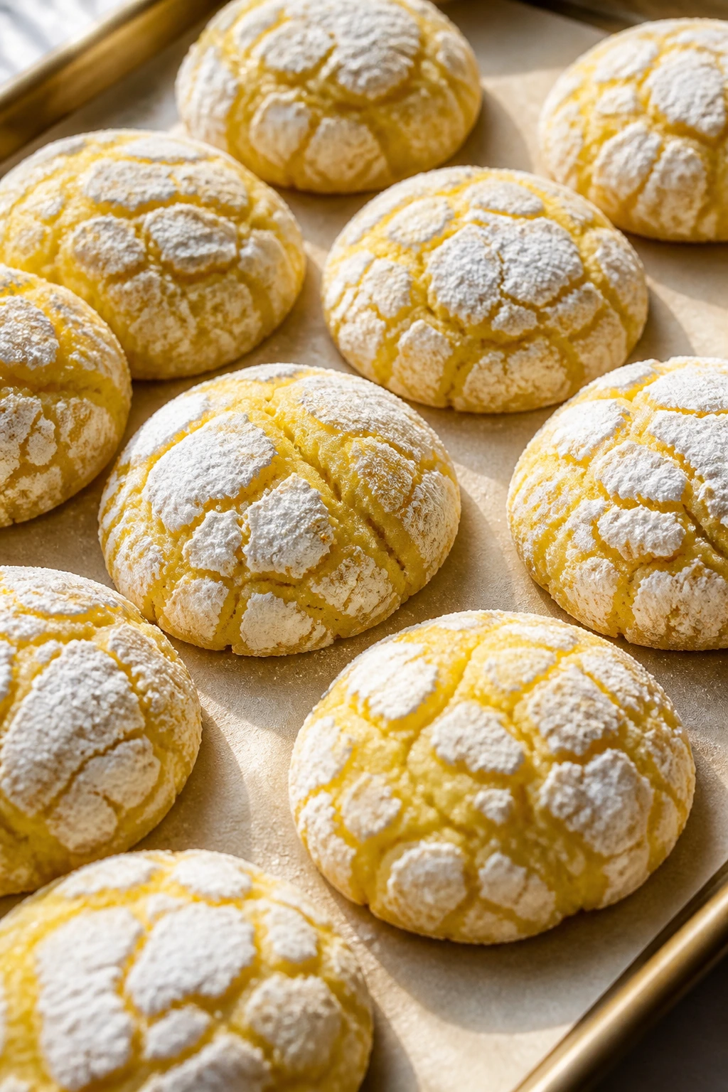Lemon crinkle cookies with powdered sugar on parchment
