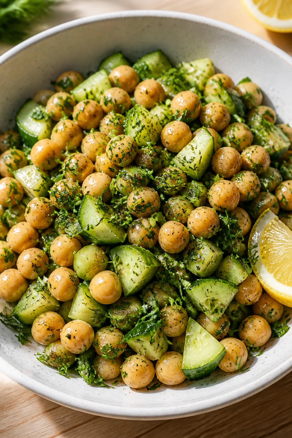 Chickpeas with cucumber and fresh herbs in lemon dressing