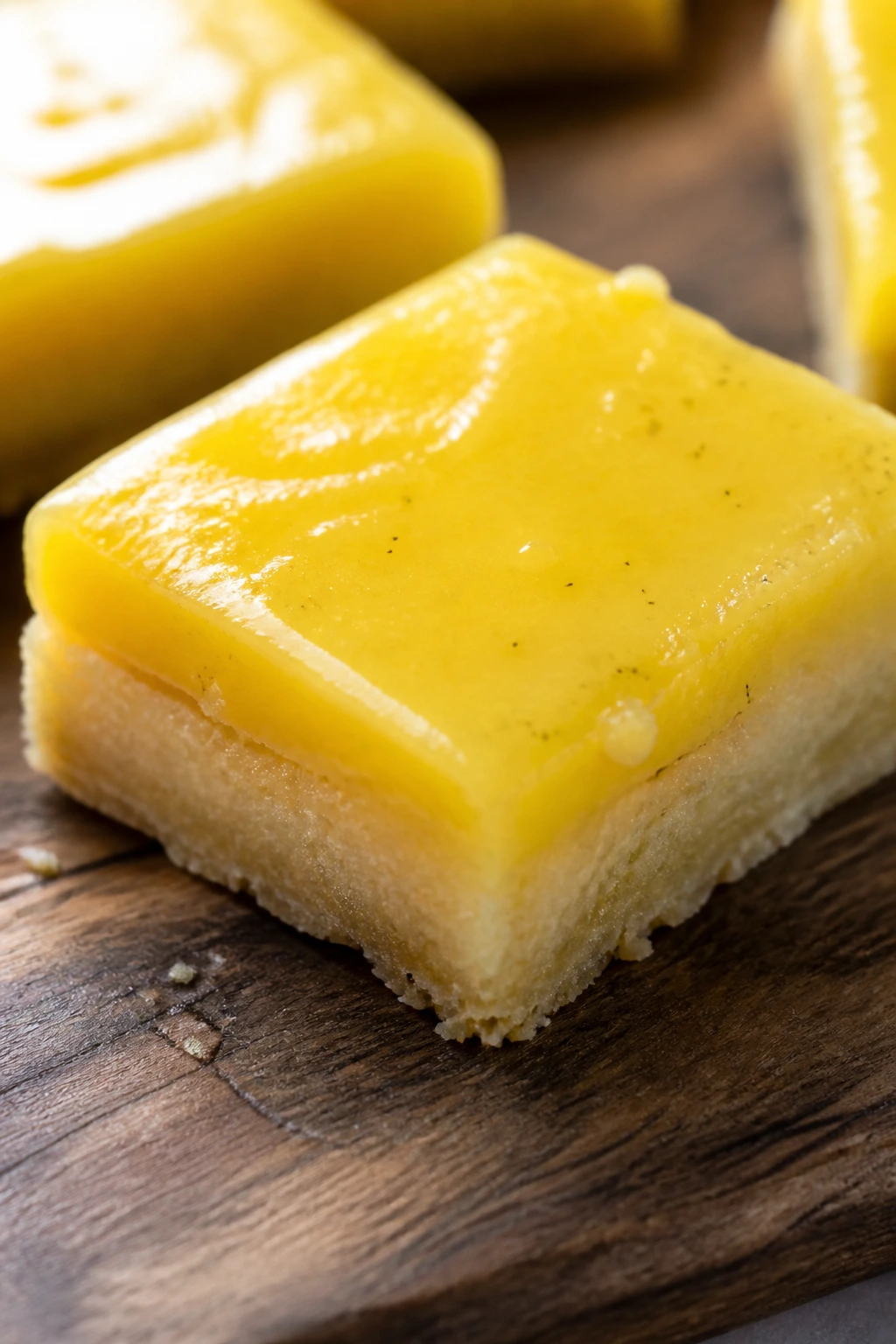 Close-up of vanilla bean lemon curd bar with visible vanilla specks