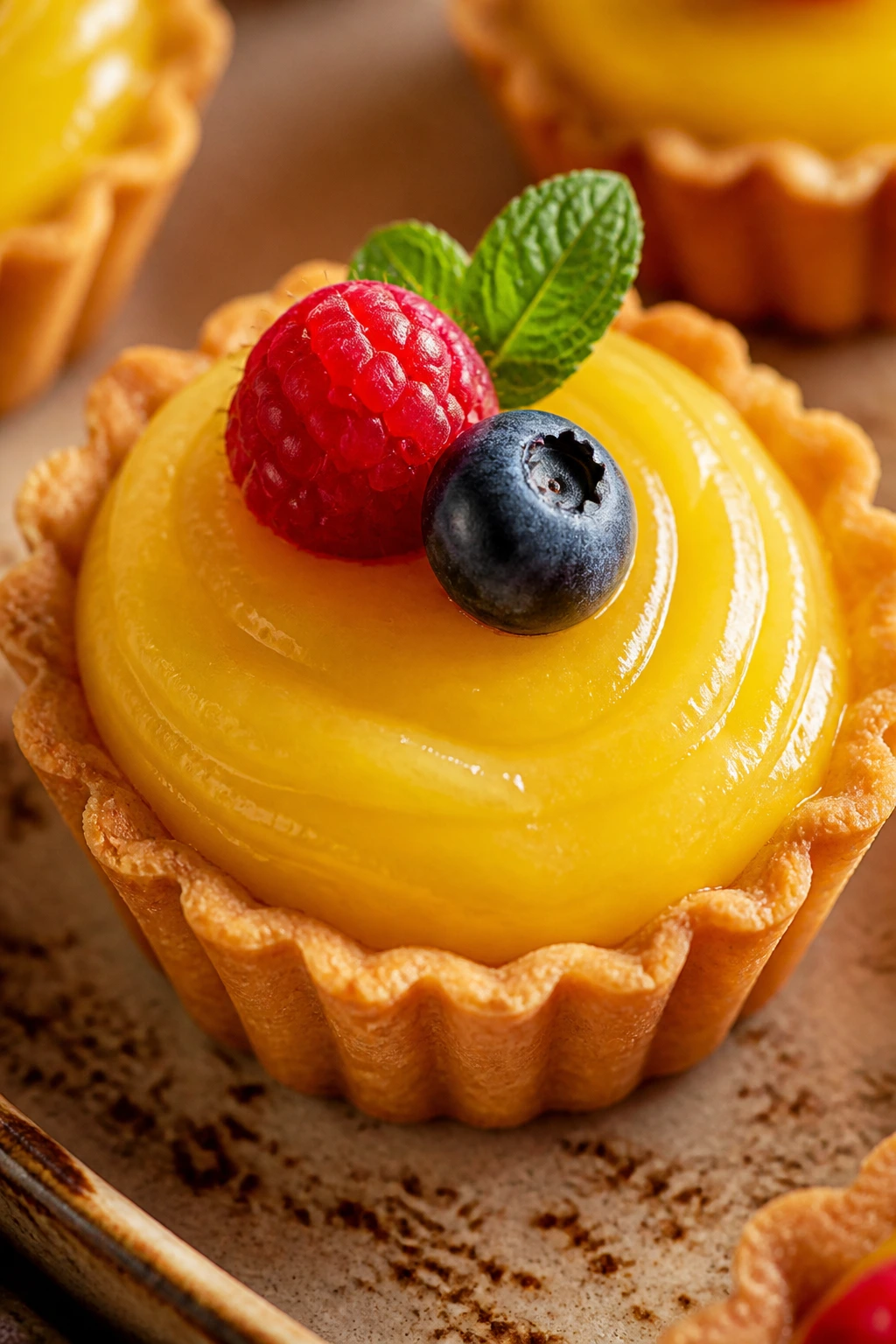 Close-up of a lemon curd tartlet with berry garnish on a rustic plate