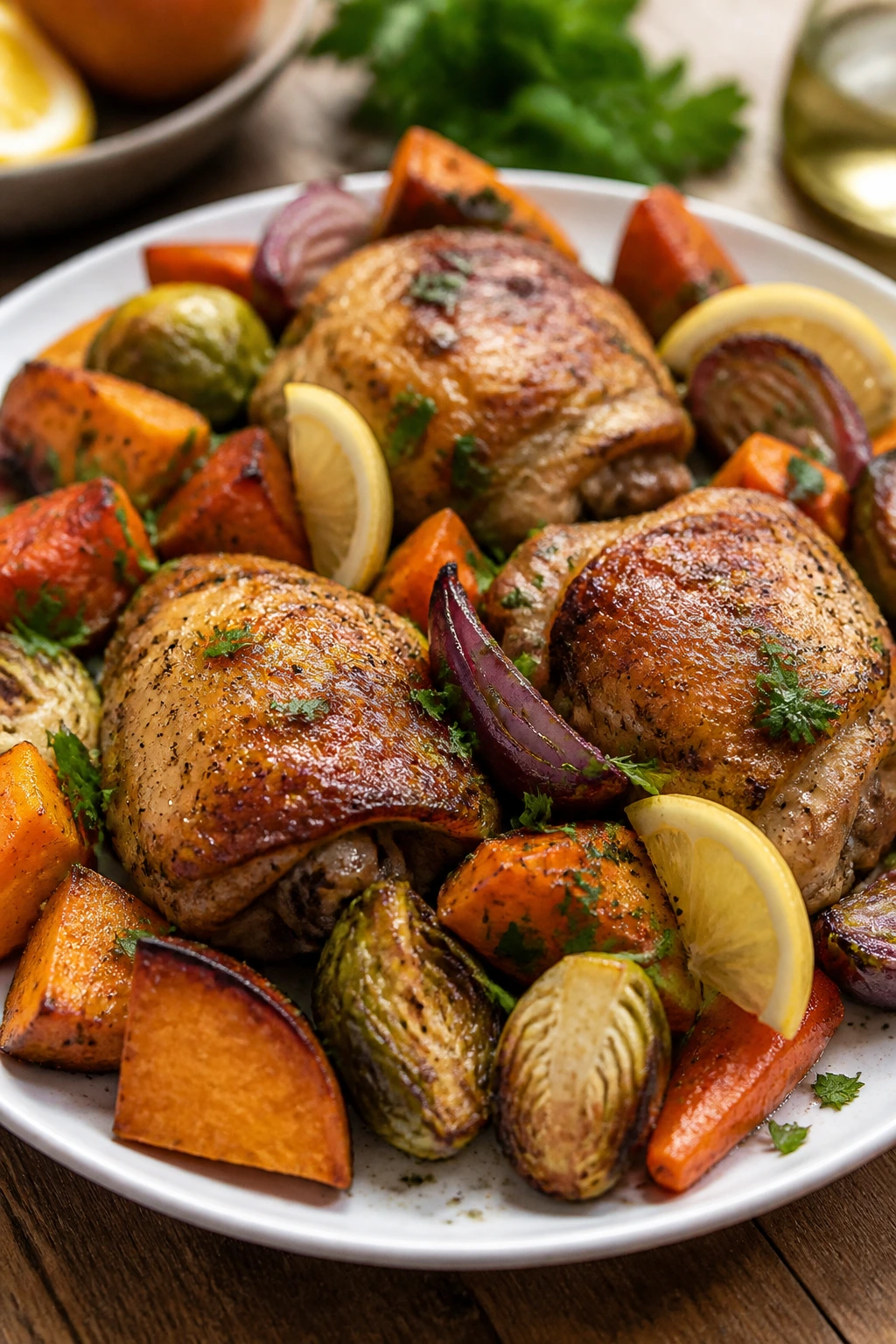 Plate of lemon-Dijon chicken thighs with roasted vegetables on a warm kitchen table