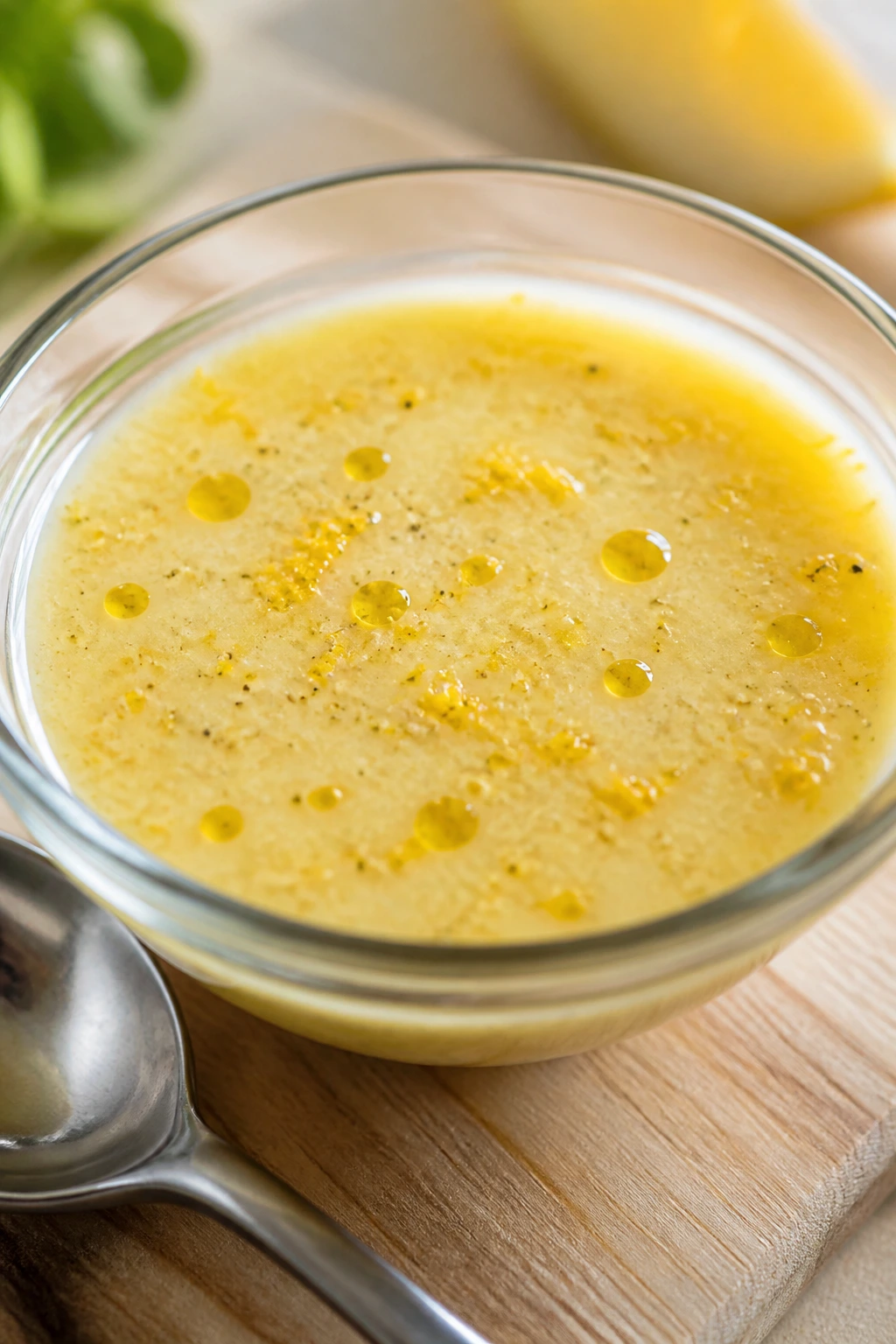 Glass bowl of lemon-dijon dressing with lemon zest on a light kitchen counter