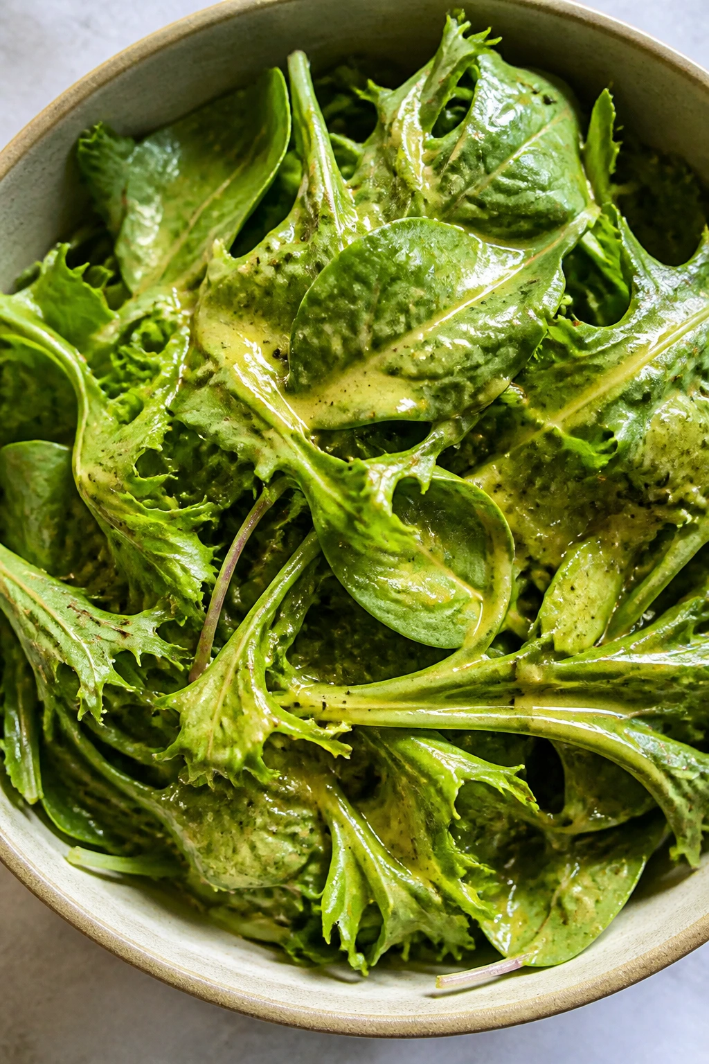 Greens coated with glossy lemon-Dijon dressing in a salad bowl