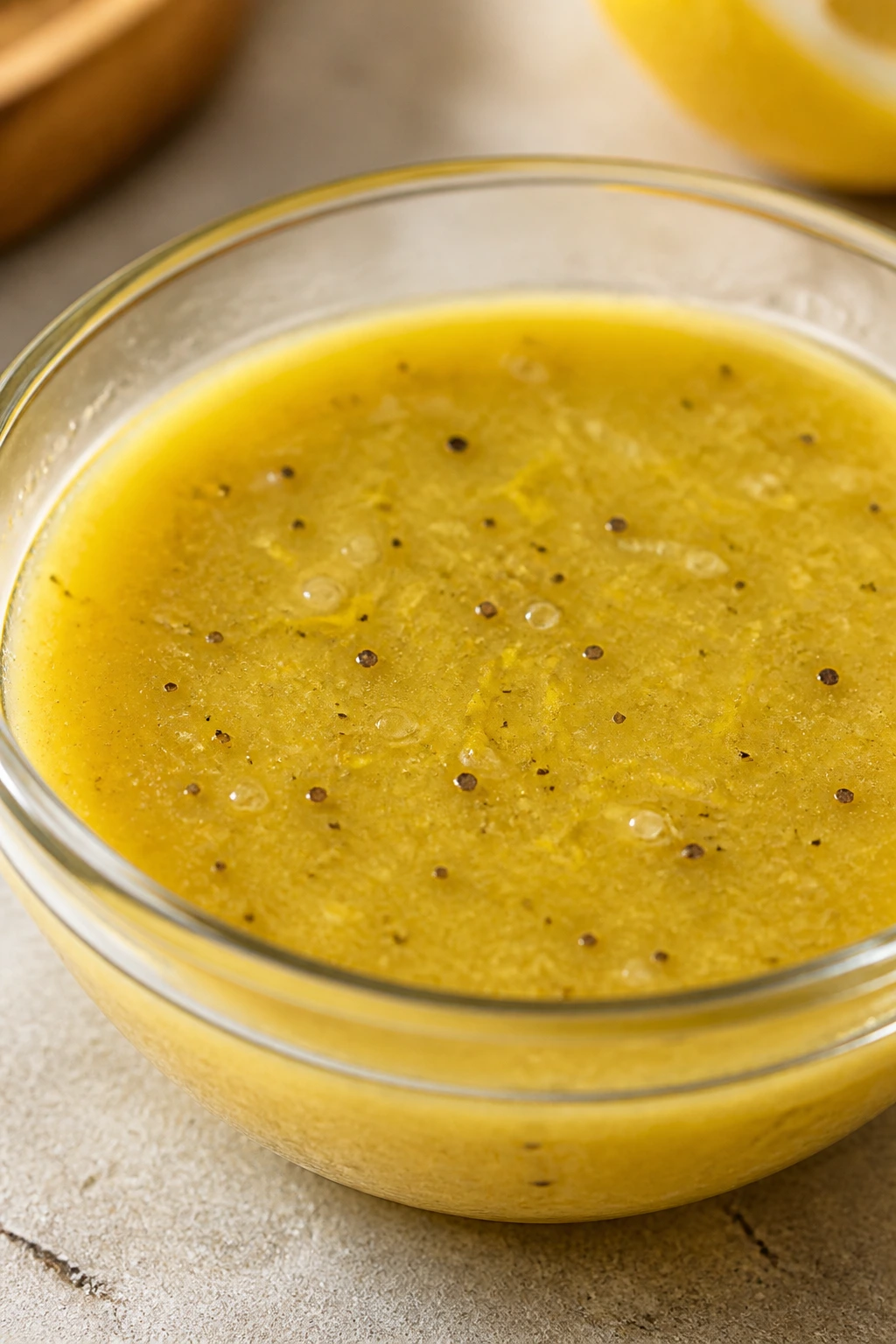 Close-up of emulsified lemon-Dijon dressing in a glass bowl